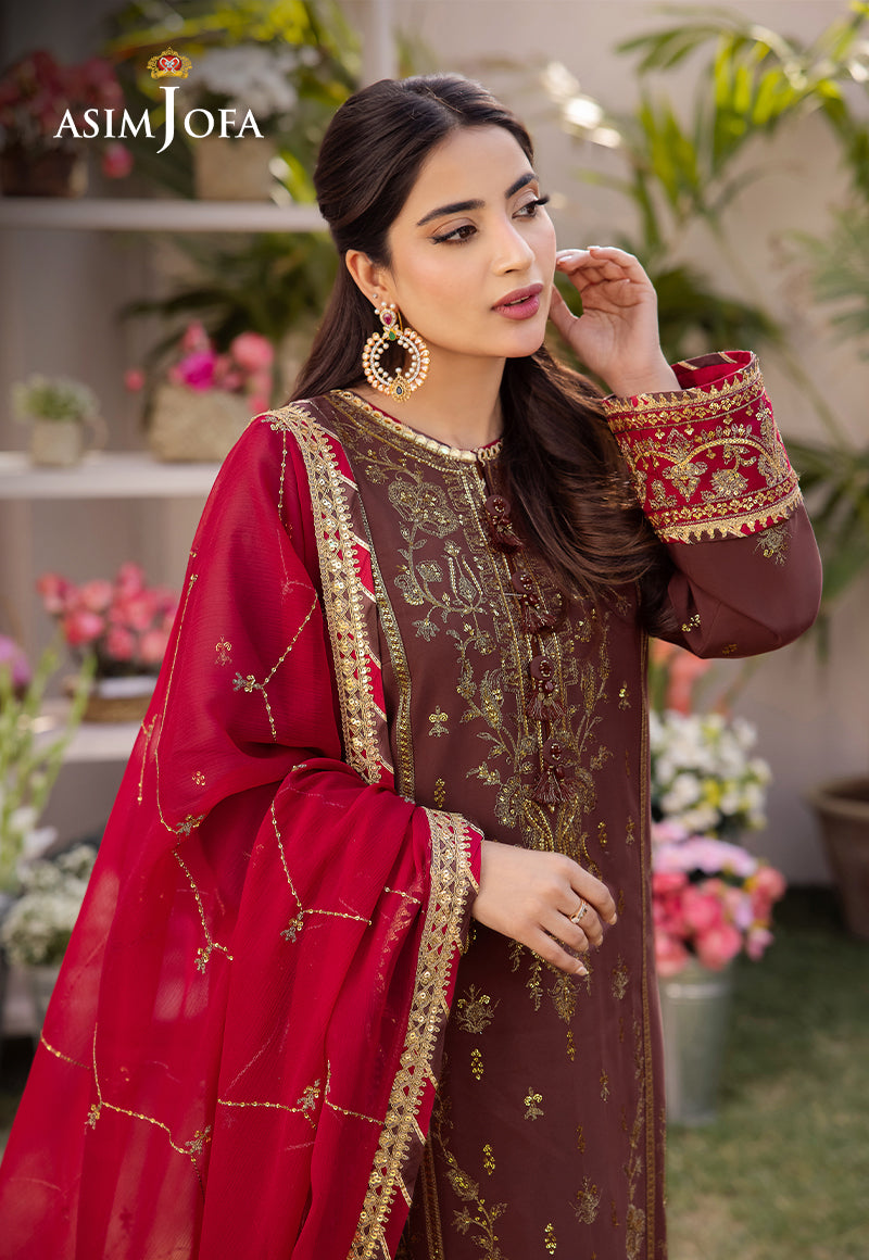 Asim Jofa 3 Piece Custom Stitched Suit - Brown - LB286631