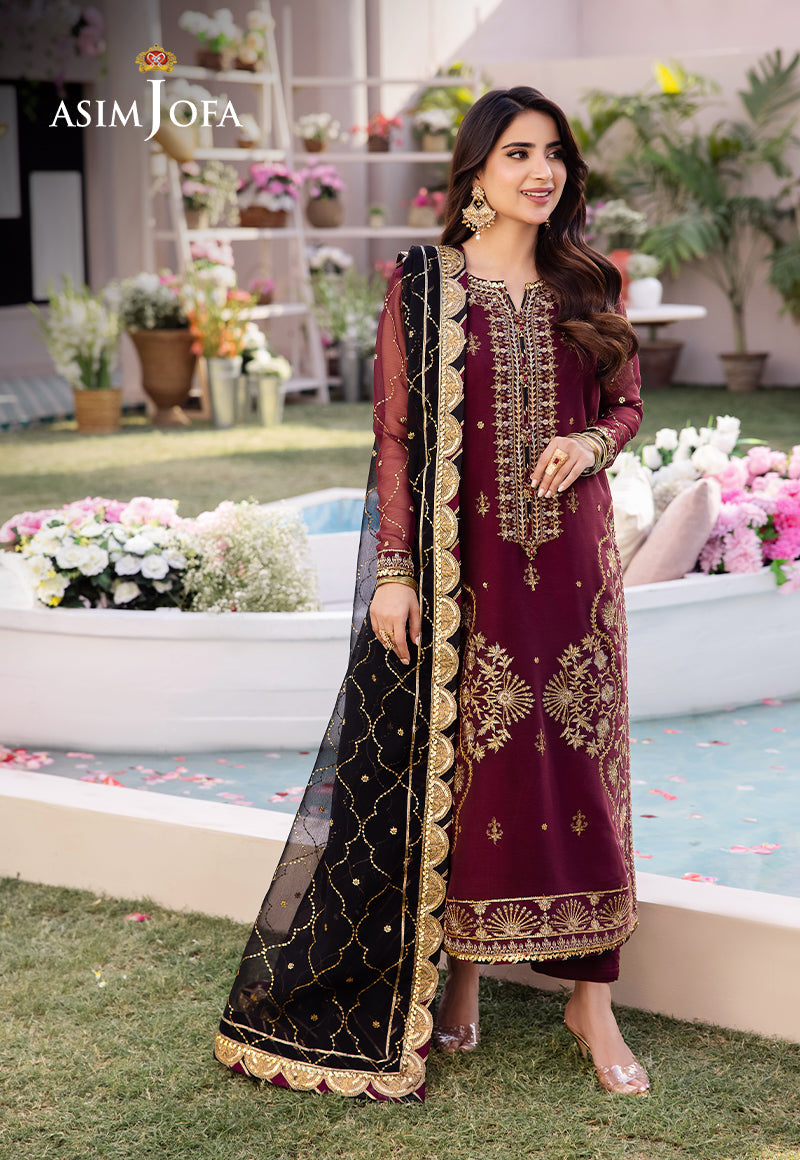 Asim Jofa 3 Piece Custom Stitched Suit - Maroon - LB286615