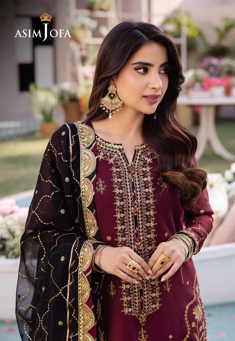 Asim Jofa 3 Piece Custom Stitched Suit - Maroon - LB286615