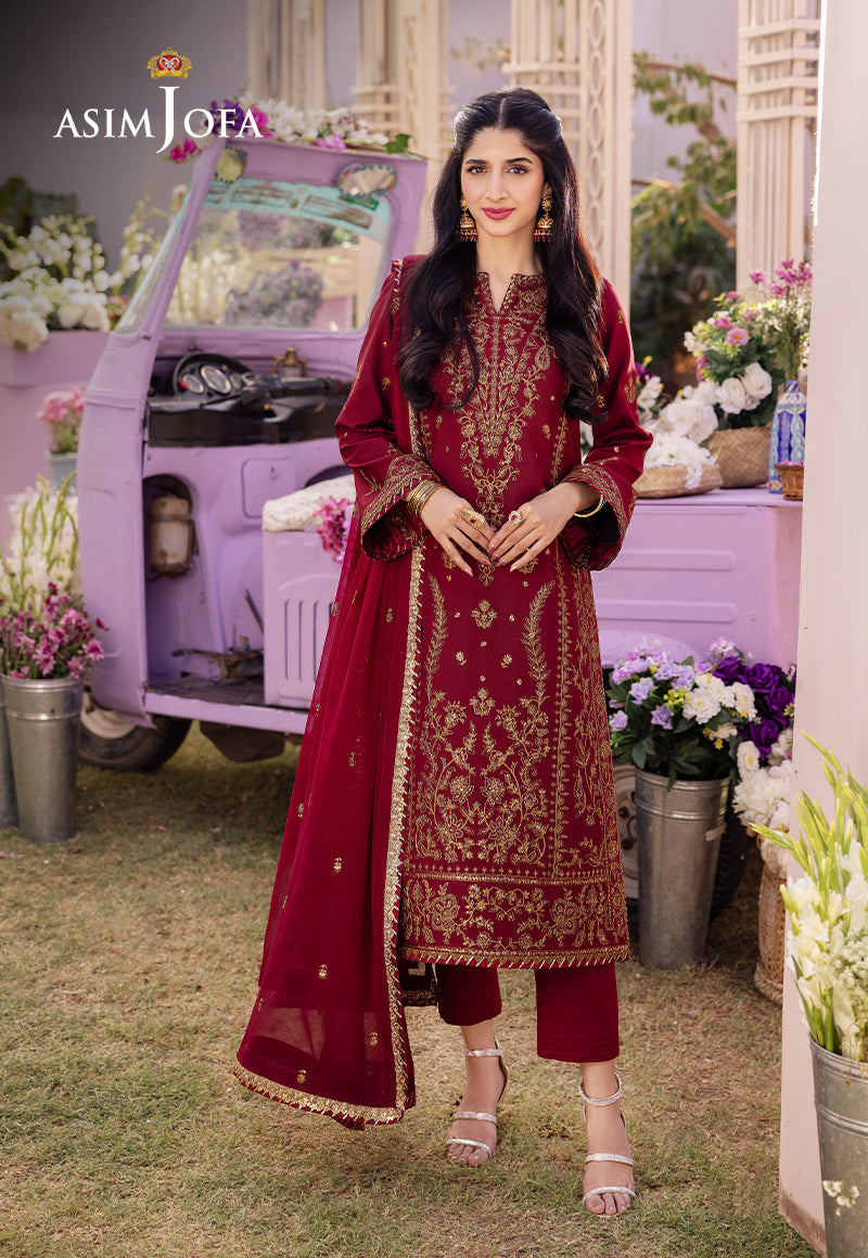 Asim Jofa 3 Piece Custom Stitched Suit - Red - LB286626