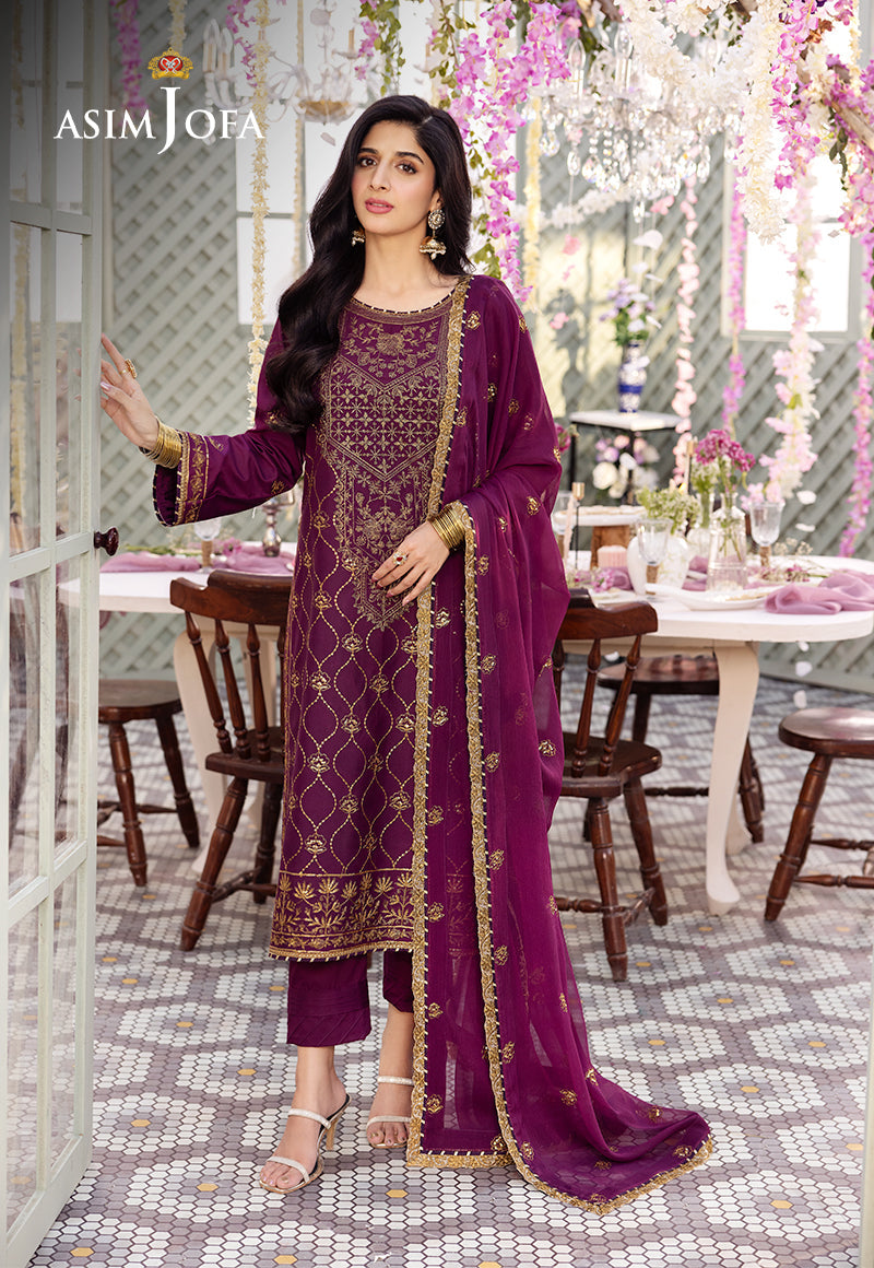 Asim Jofa 3 Piece Custom Stitched Suit - Purple - LB286632