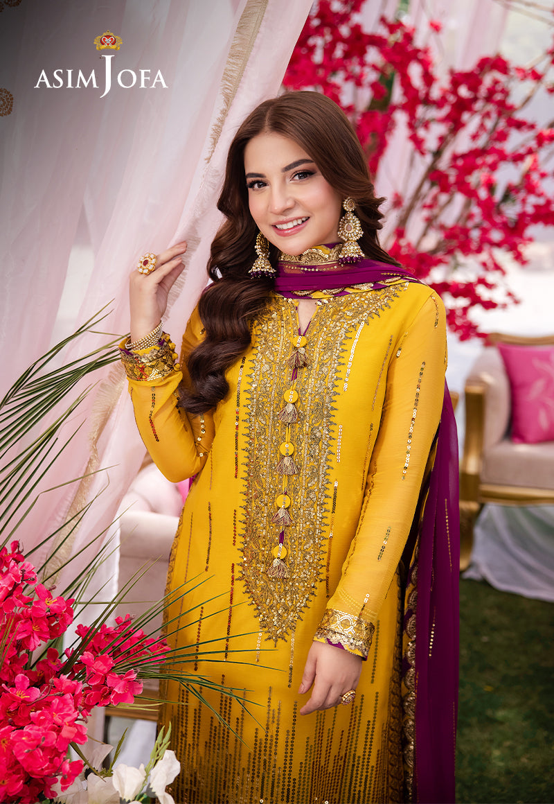 Asim Jofa 3 Piece Custom Stitched Suit - Yellow - LB287254