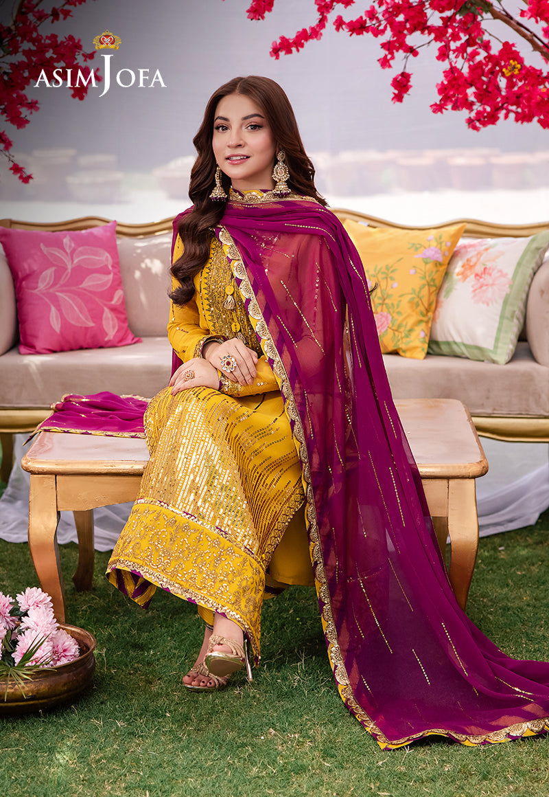 Asim Jofa 3 Piece Custom Stitched Suit - Yellow - LB287254