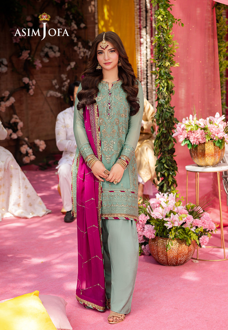 Asim Jofa 3 Piece Custom Stitched Suit - Aqua - LB287261