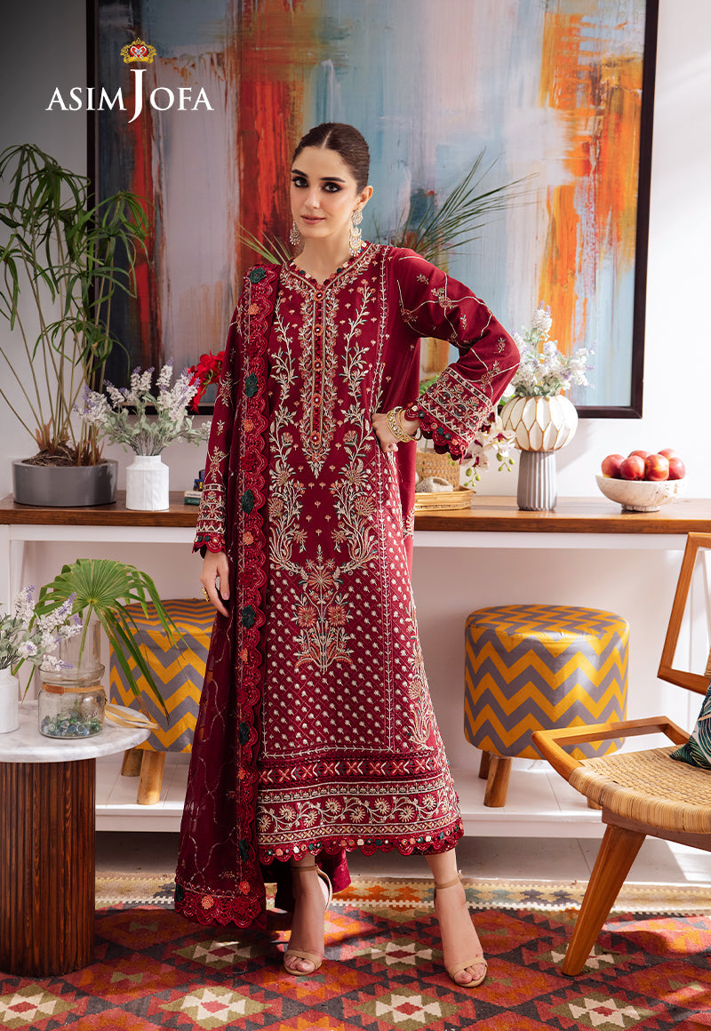 Asim Jofa 3 Piece Custom Stitched Suit - Maroon - LB287348