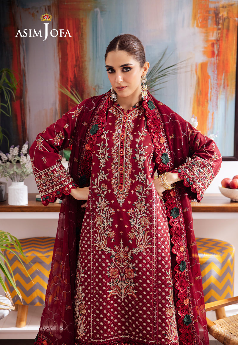 Asim Jofa 3 Piece Custom Stitched Suit - Maroon - LB287348