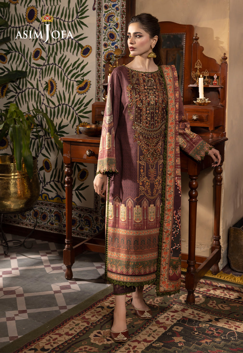 Asim Jofa 3 Piece Custom Stitched Suit - Maroon - LB285257