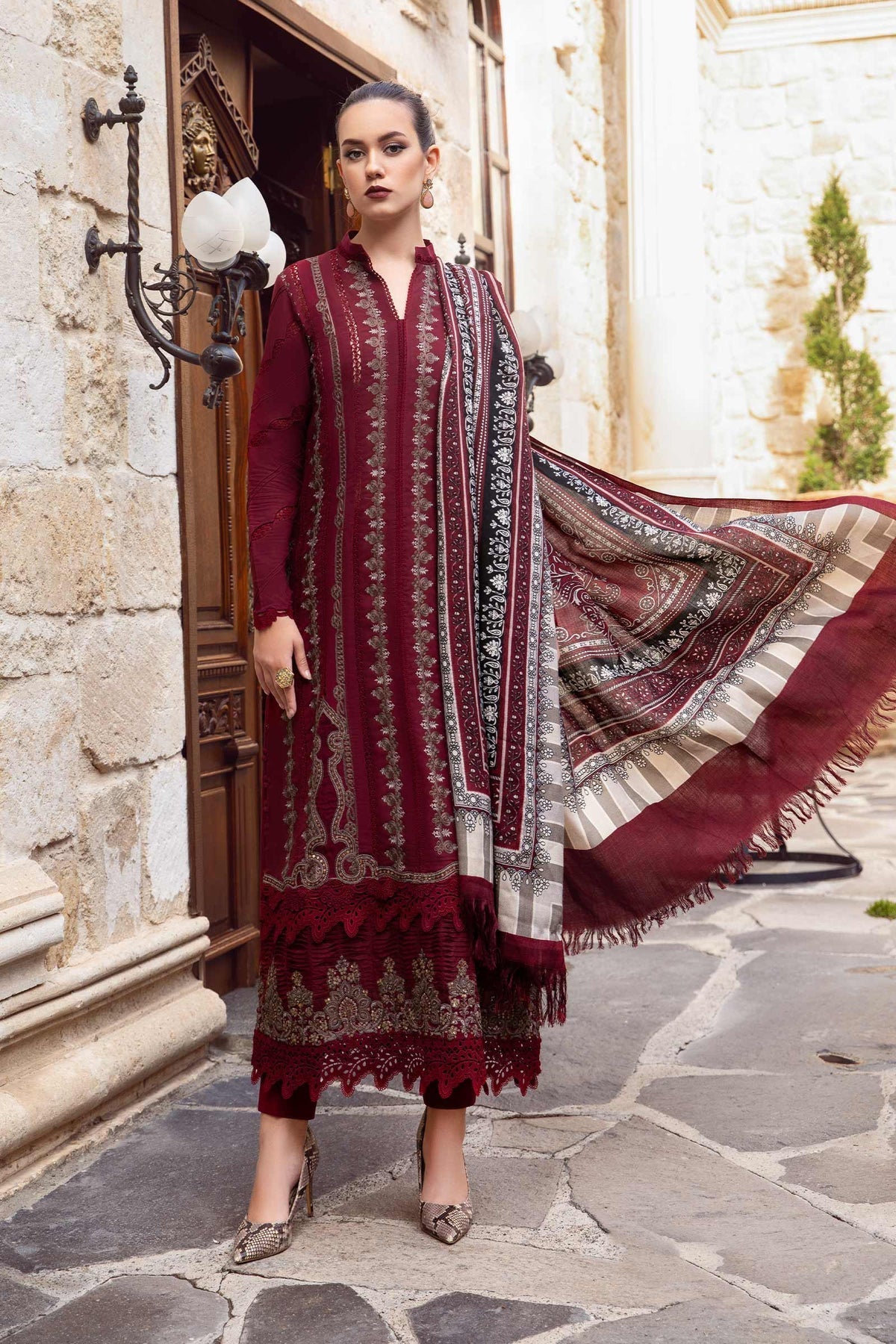 Maria.B 3 Piece Custom Stitched Suit - Maroon - LB285110