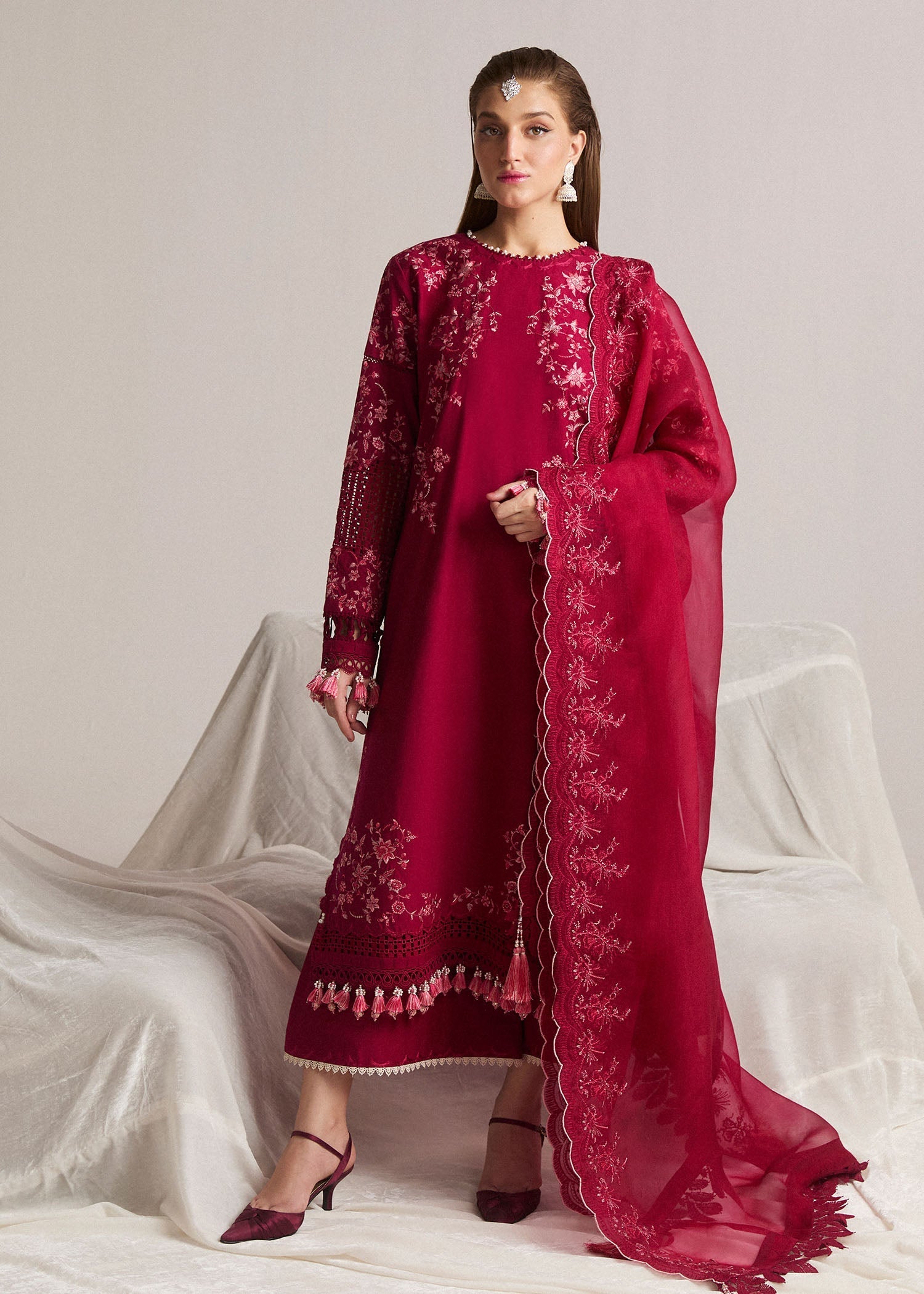 Hussain Rehar 3 Piece Custom Stitched Suit - Maroon - LB287319