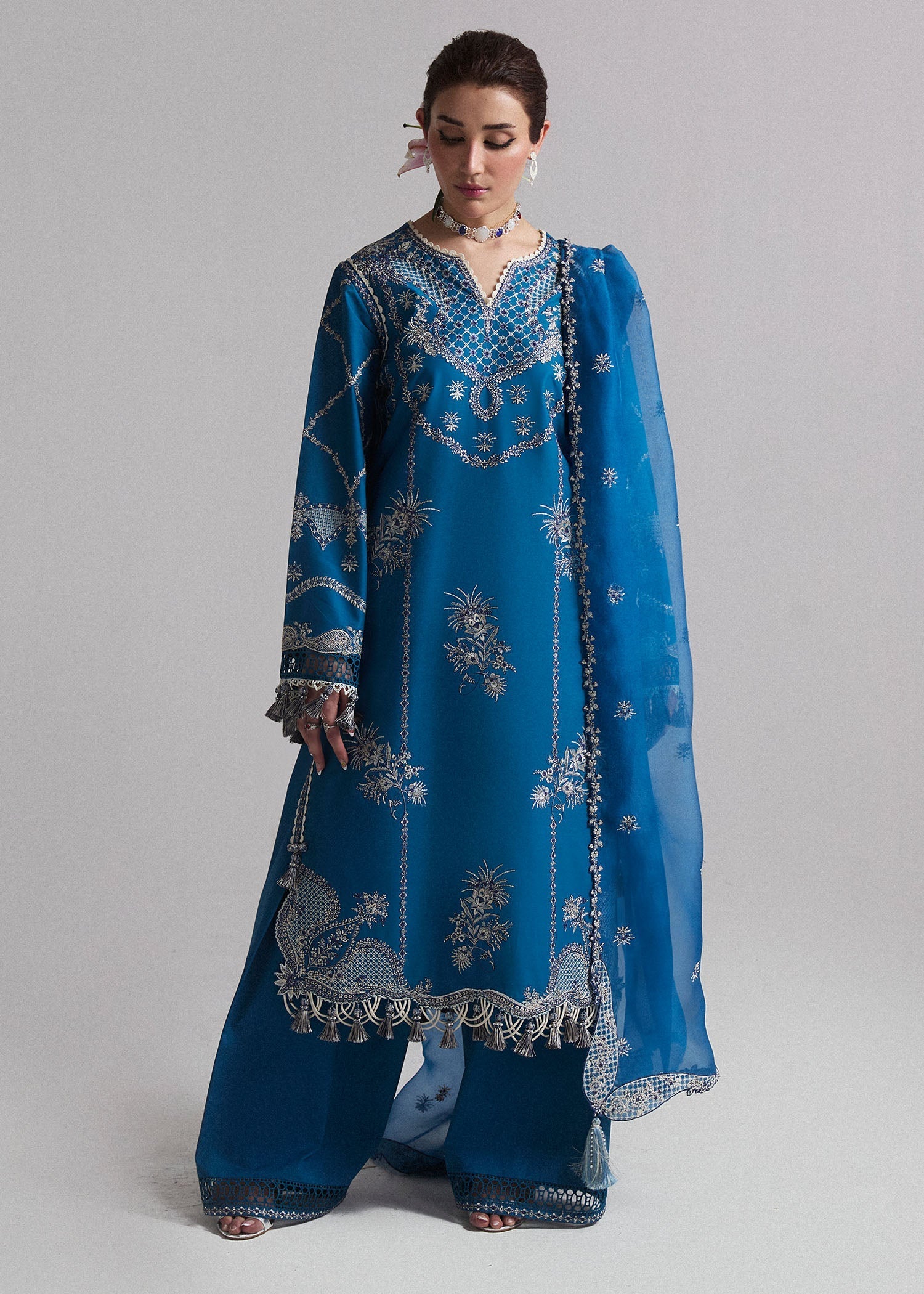 Hussain Rehar 3 Piece Custom Stitched Suit - Blue - LB287313