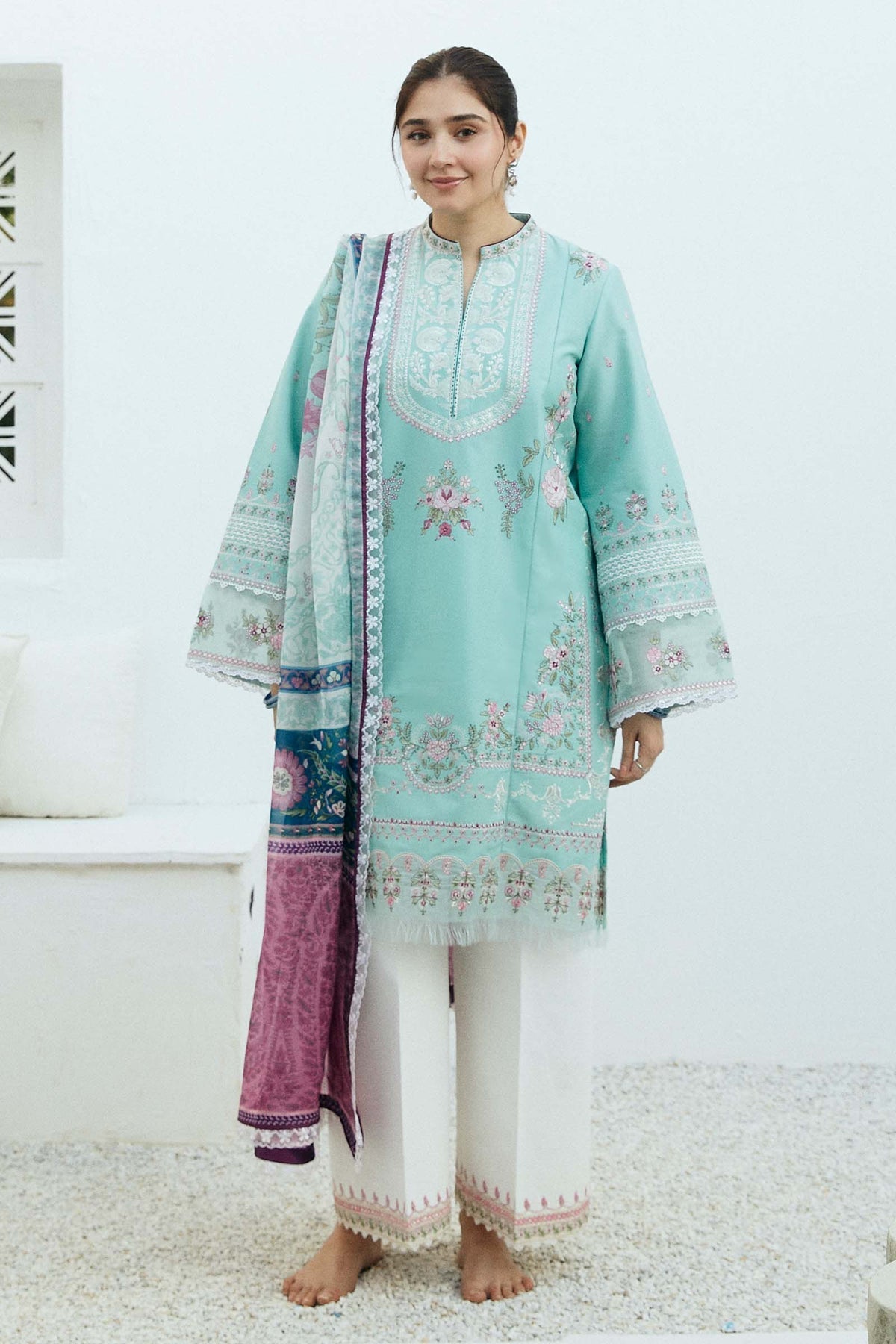 Zara Shahjahan 3 Piece Custom Stitched Suit - Aqua - LB286718