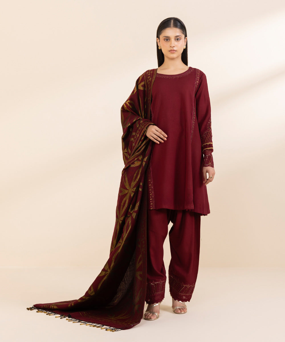 Libasco Sapphire 3 Piece Custom Stitched Suit - Maroon - LB288685