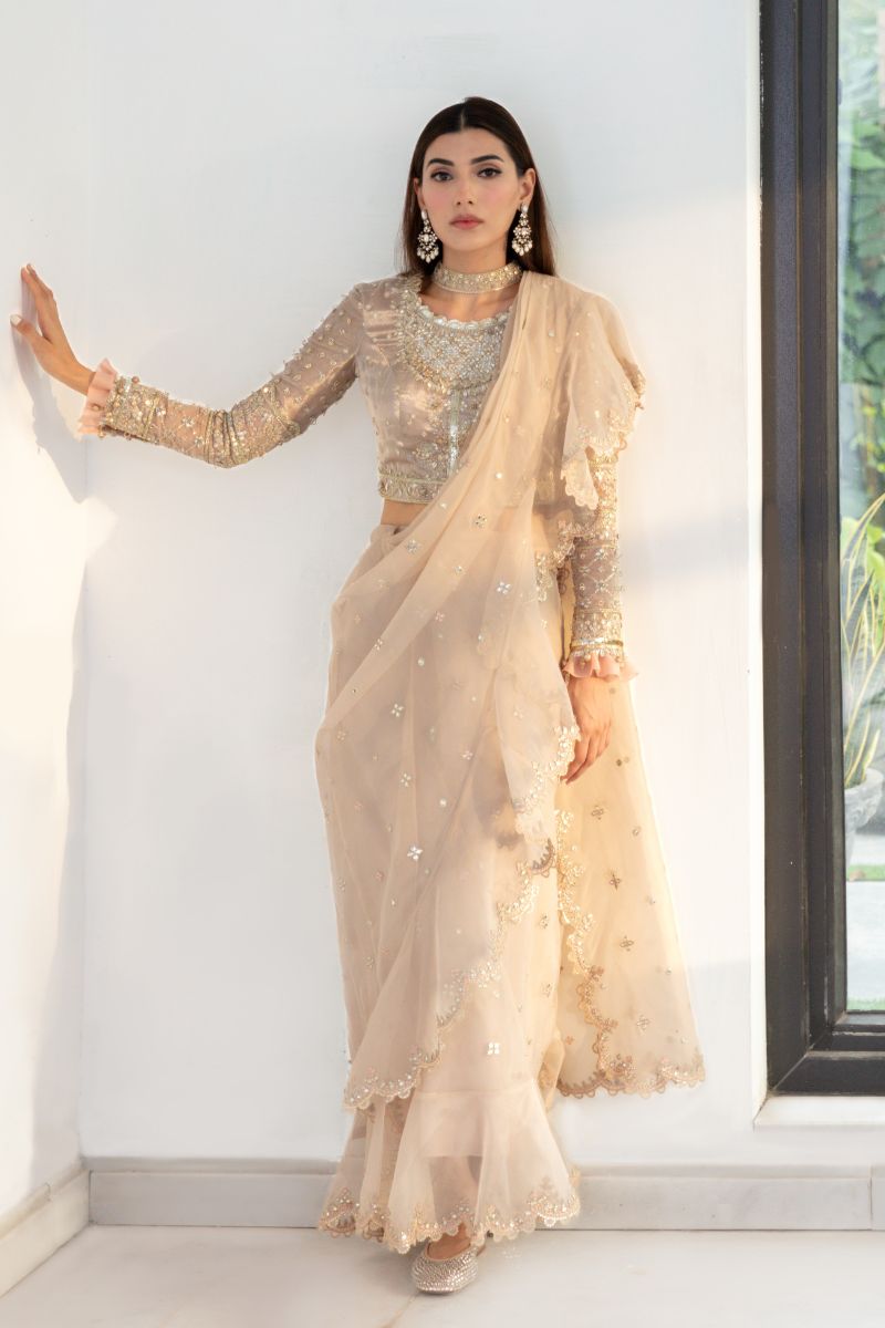 Qalamkar 3 Piece Custom Stitched Suit - Beige - LB28030