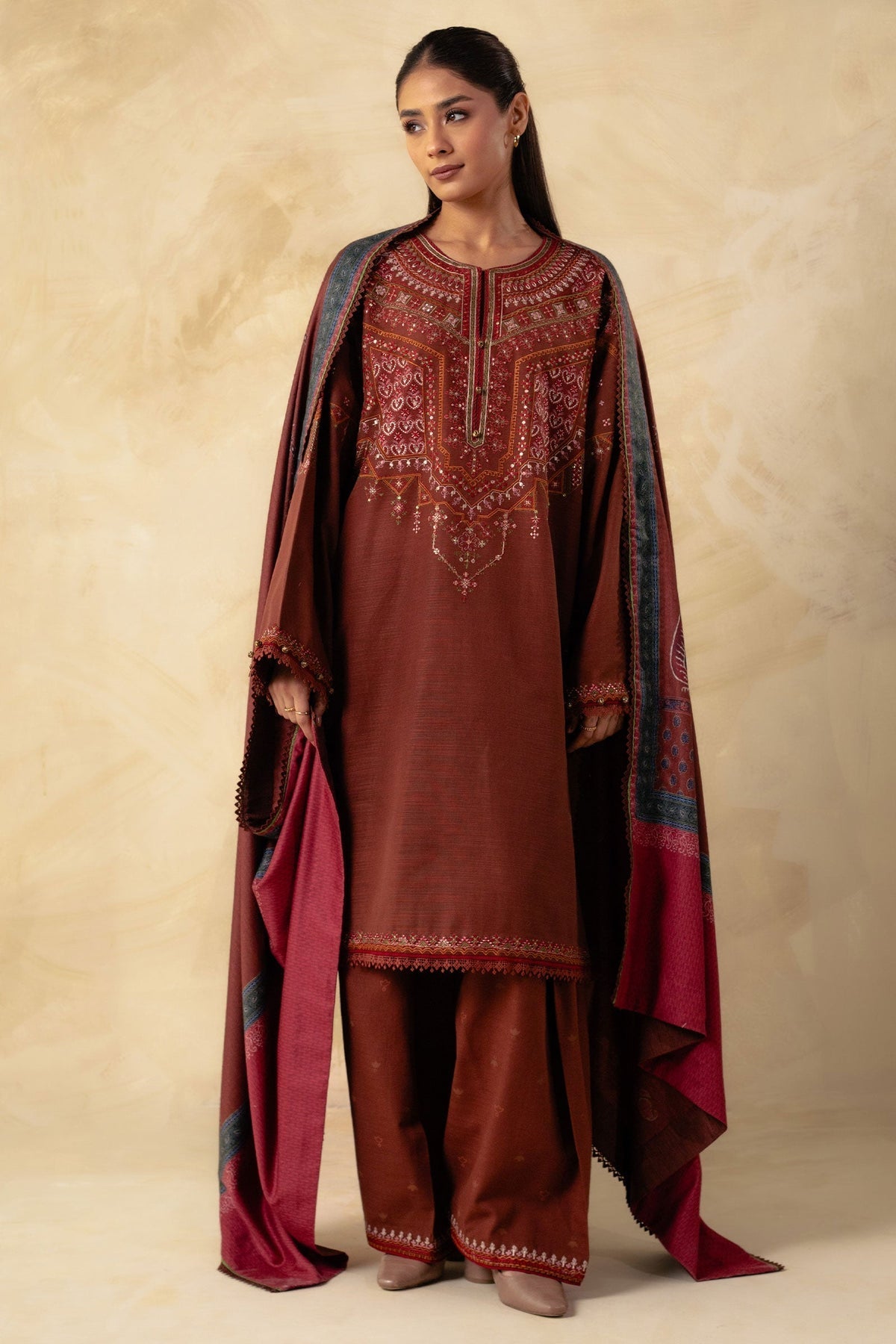 Zara Shahjahan 3 Piece Custom Stitched Suit - Brown - LB28415