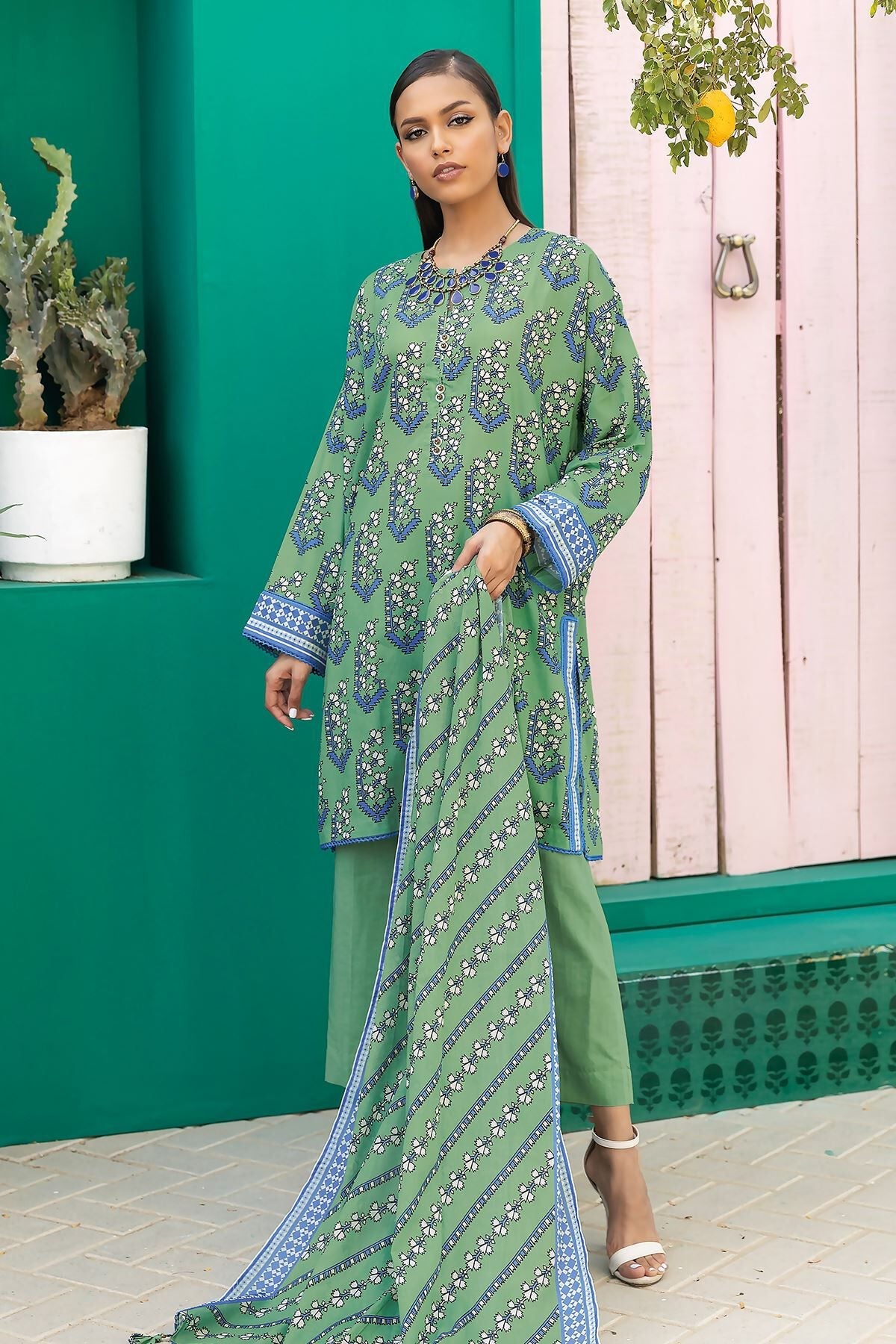 Khaadi 3 Piece Custom Stitched Suit - Green - LB285607