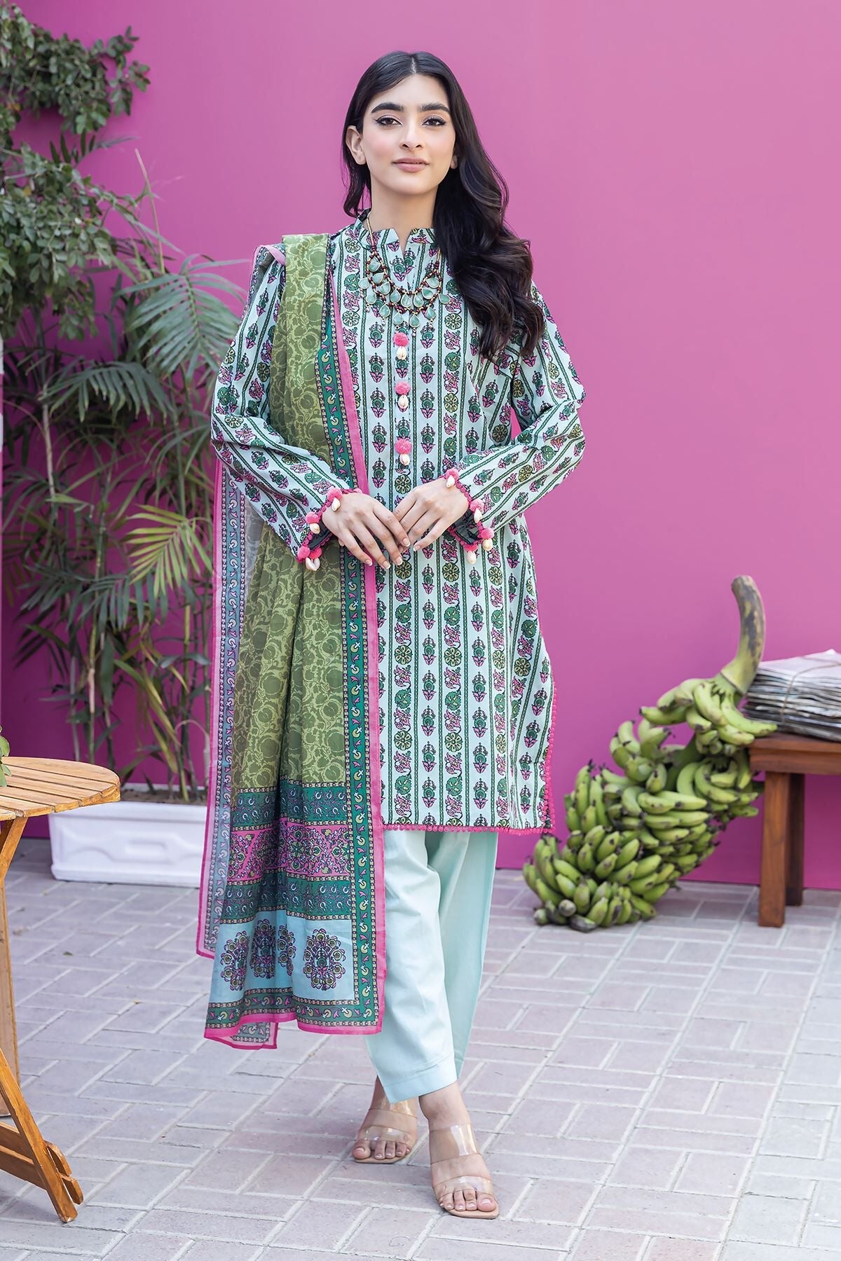 Khaadi 3 Piece Custom Stitched Suit - Green - LB285534