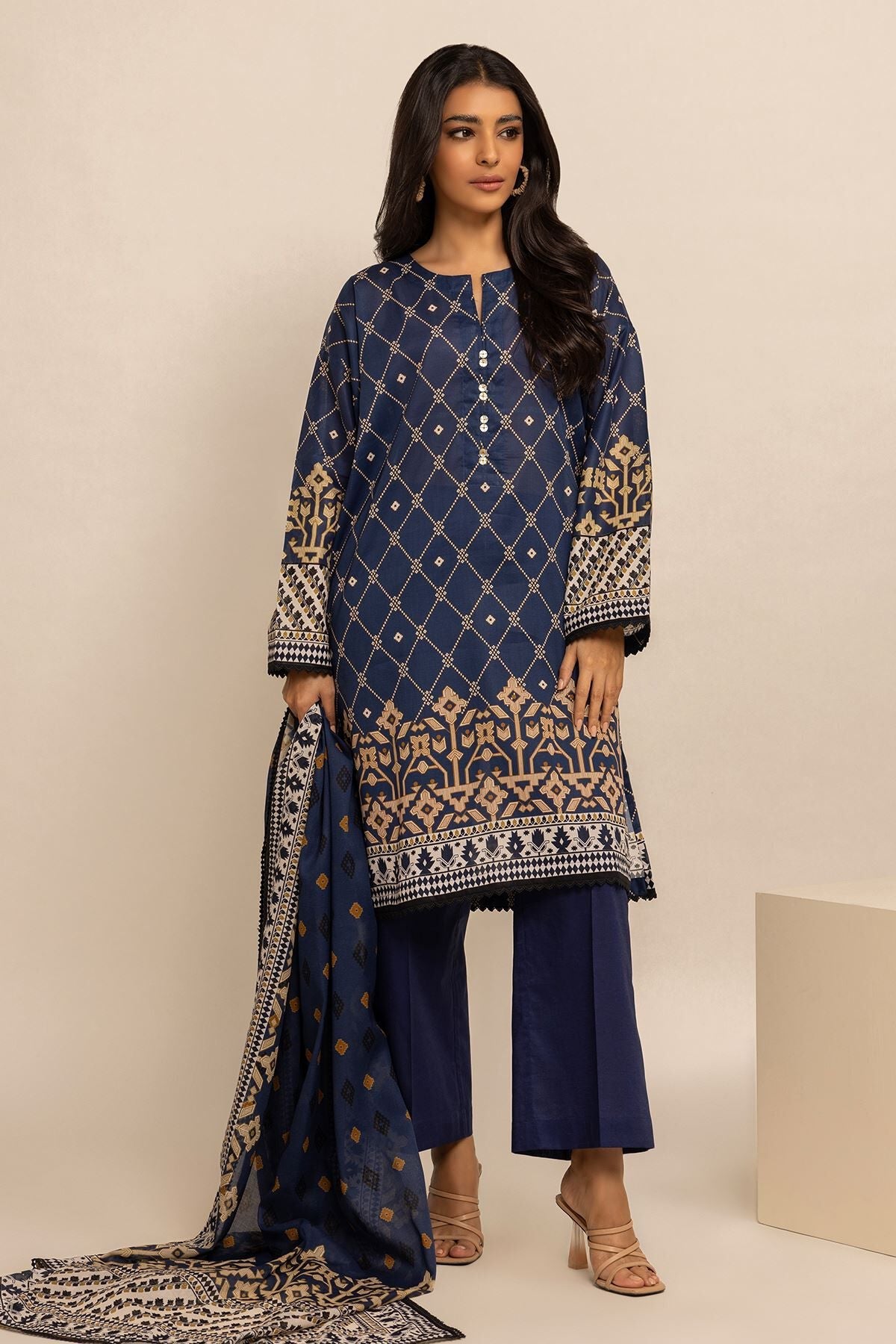 Khaadi 3 Piece Custom Stitched Suit - Blue - LB285626