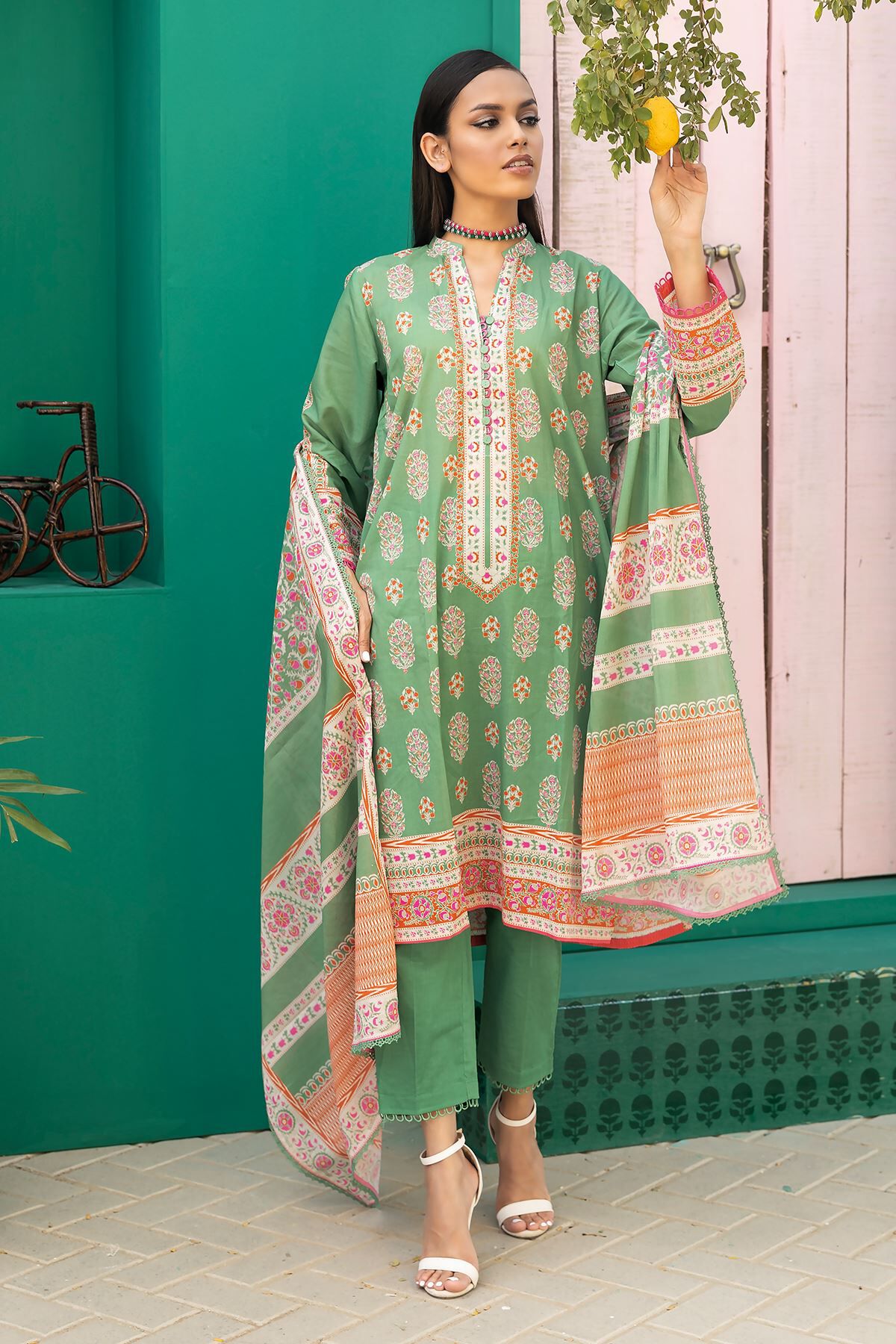 Khaadi 3 Piece Custom Stitched Suit - Green - LB285593