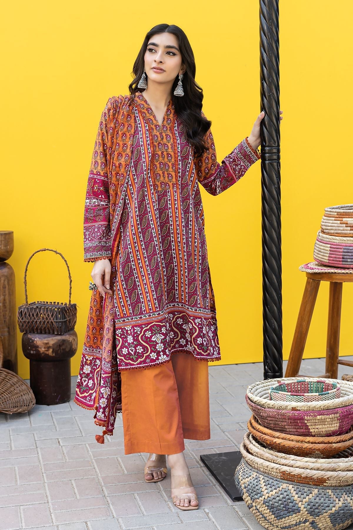 Khaadi 3 Piece Custom Stitched Suit - Orange - LB285627