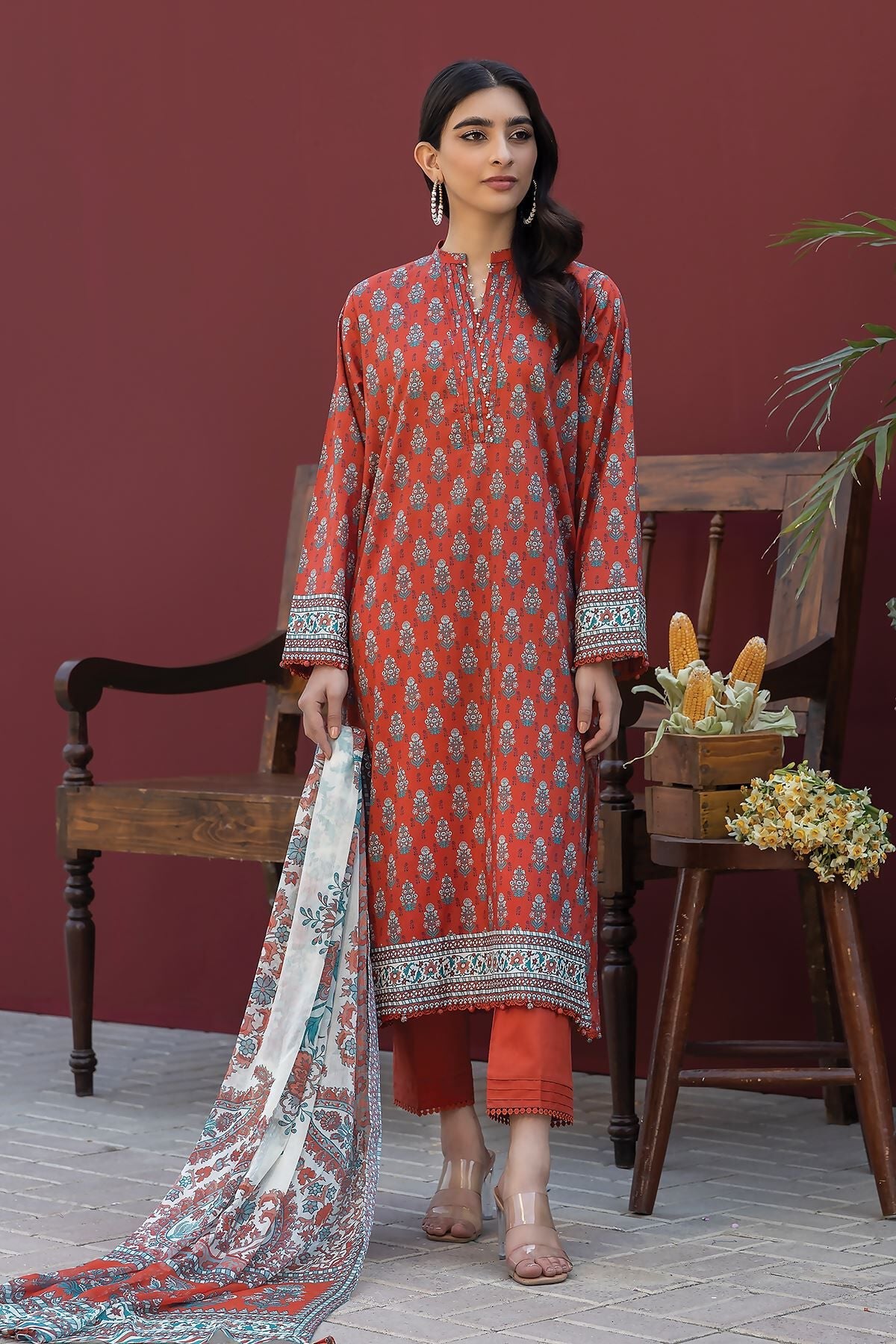 Khaadi 3 Piece Custom Stitched Suit - Orange - LB285640