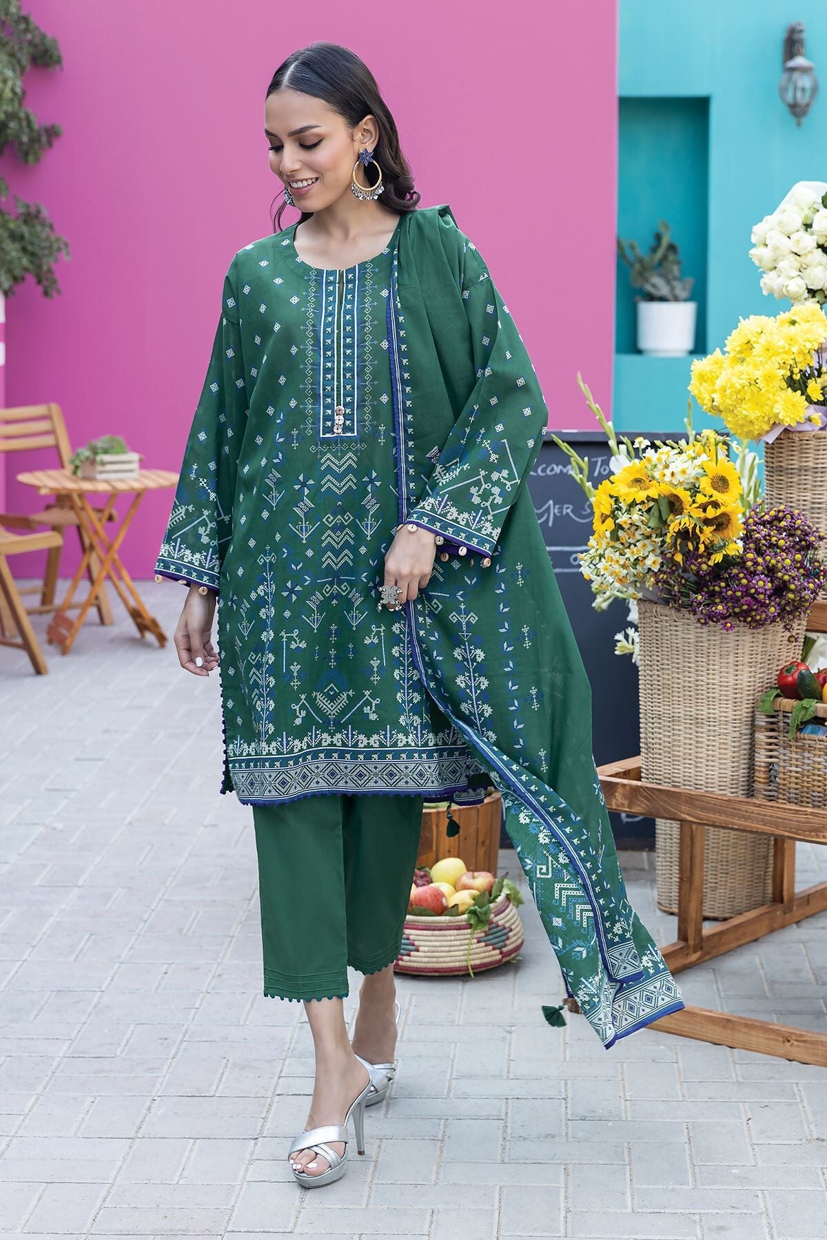 Khaadi 3 Piece Custom Stitched Suit - Green - LB285581