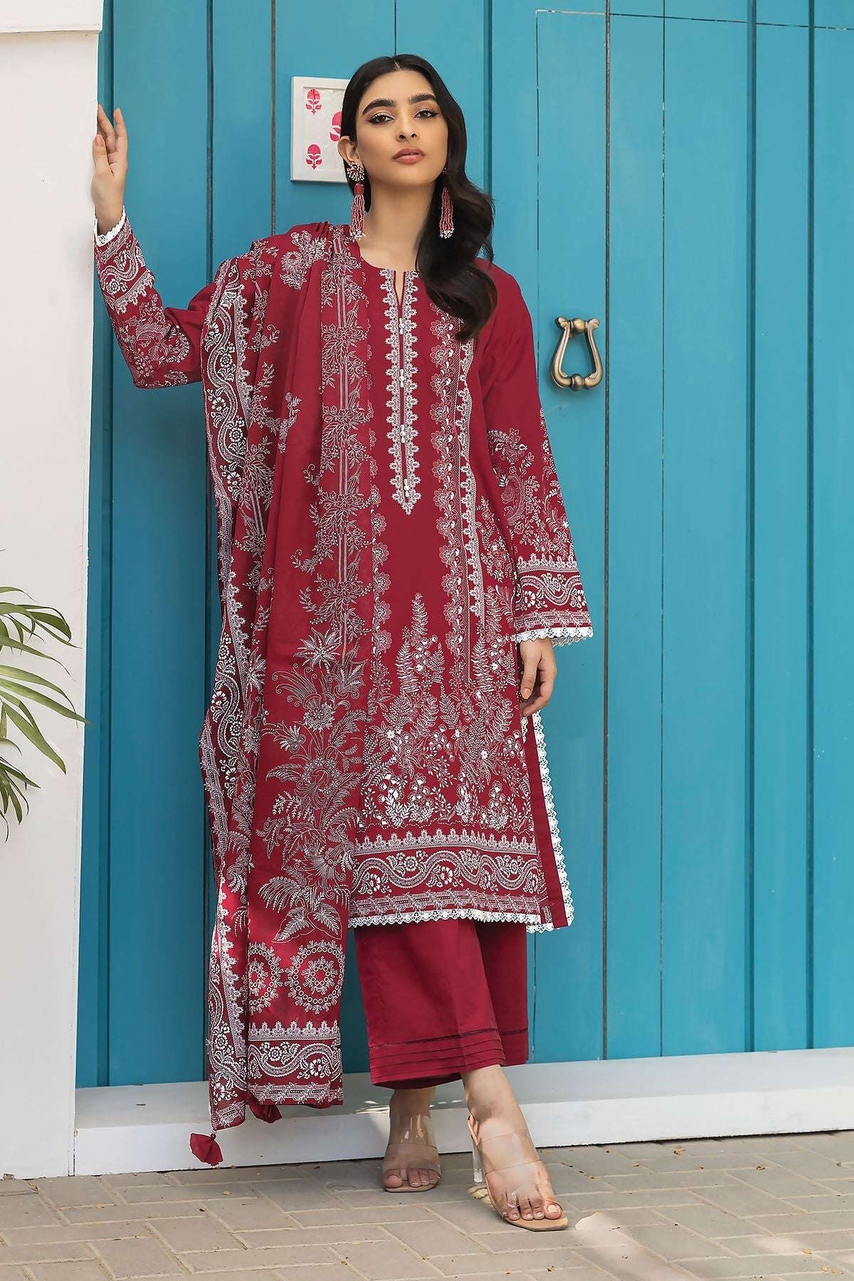 Khaadi 3 Piece Custom Stitched Suit - Red - LB285563