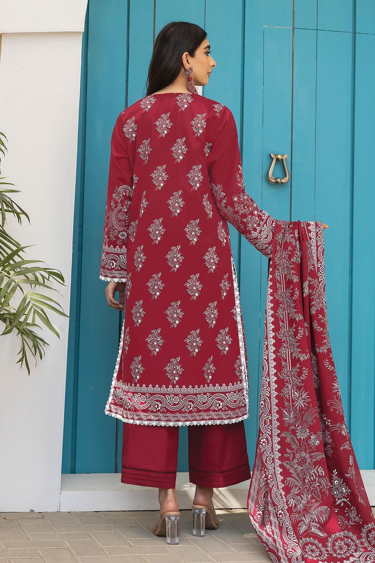 Khaadi 3 Piece Custom Stitched Suit - Red - LB285563