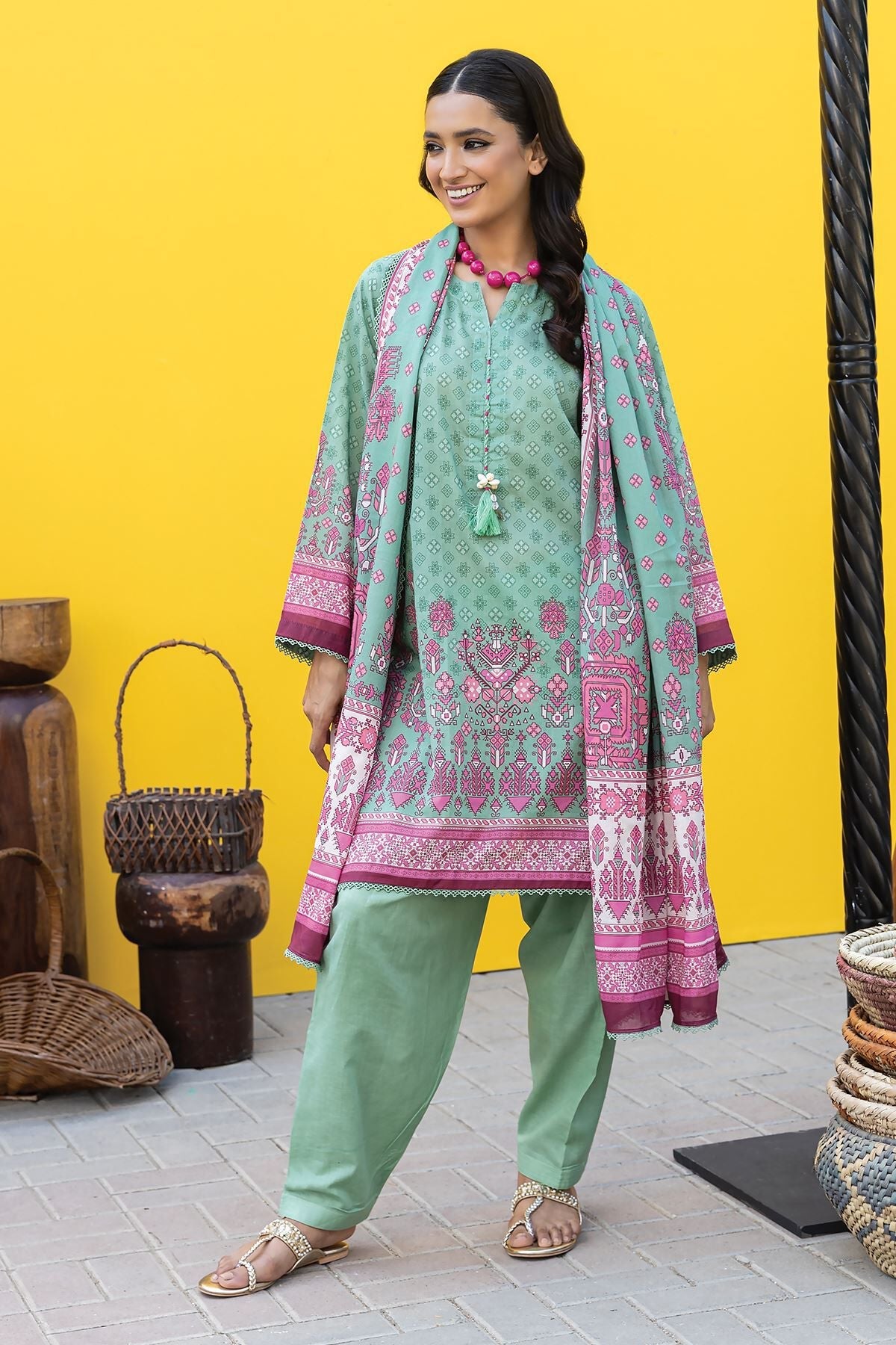 Khaadi 3 Piece Custom Stitched Suit - Green - LB285637