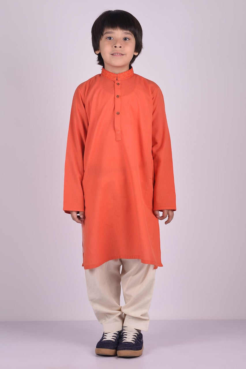 Ready to Wear Embroidered Kurta For Boys - Orange - LB1613