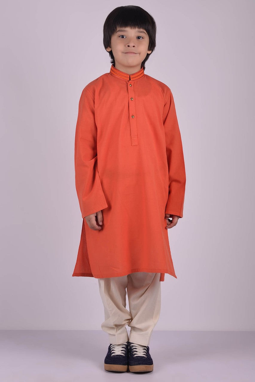 Ready to Wear Embroidered Kurta For Boys - Orange - LB1612