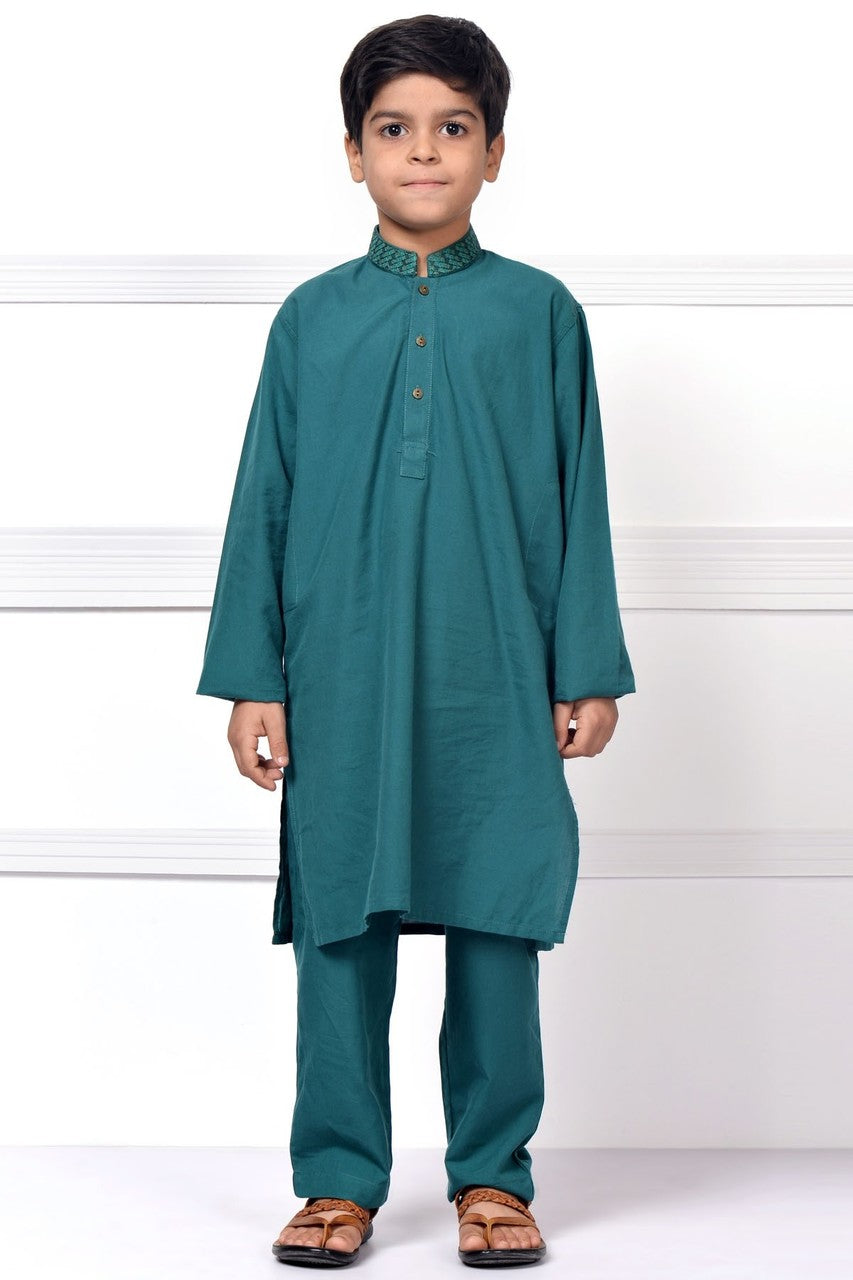 Ready to Wear Embroidered Kurta Pajama For Boys - Green - LB1595