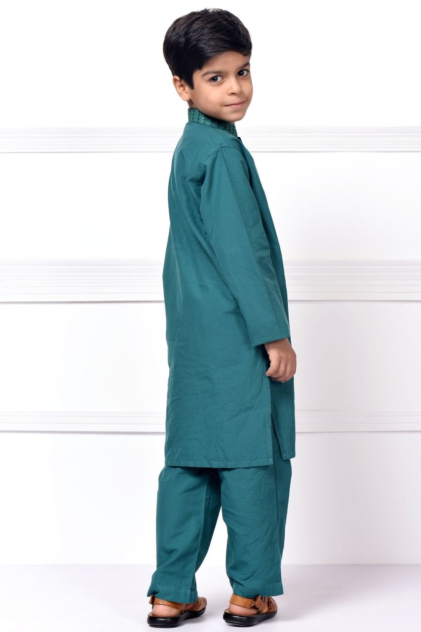 Ready to Wear Embroidered Kurta Pajama For Boys - Green - LB1595