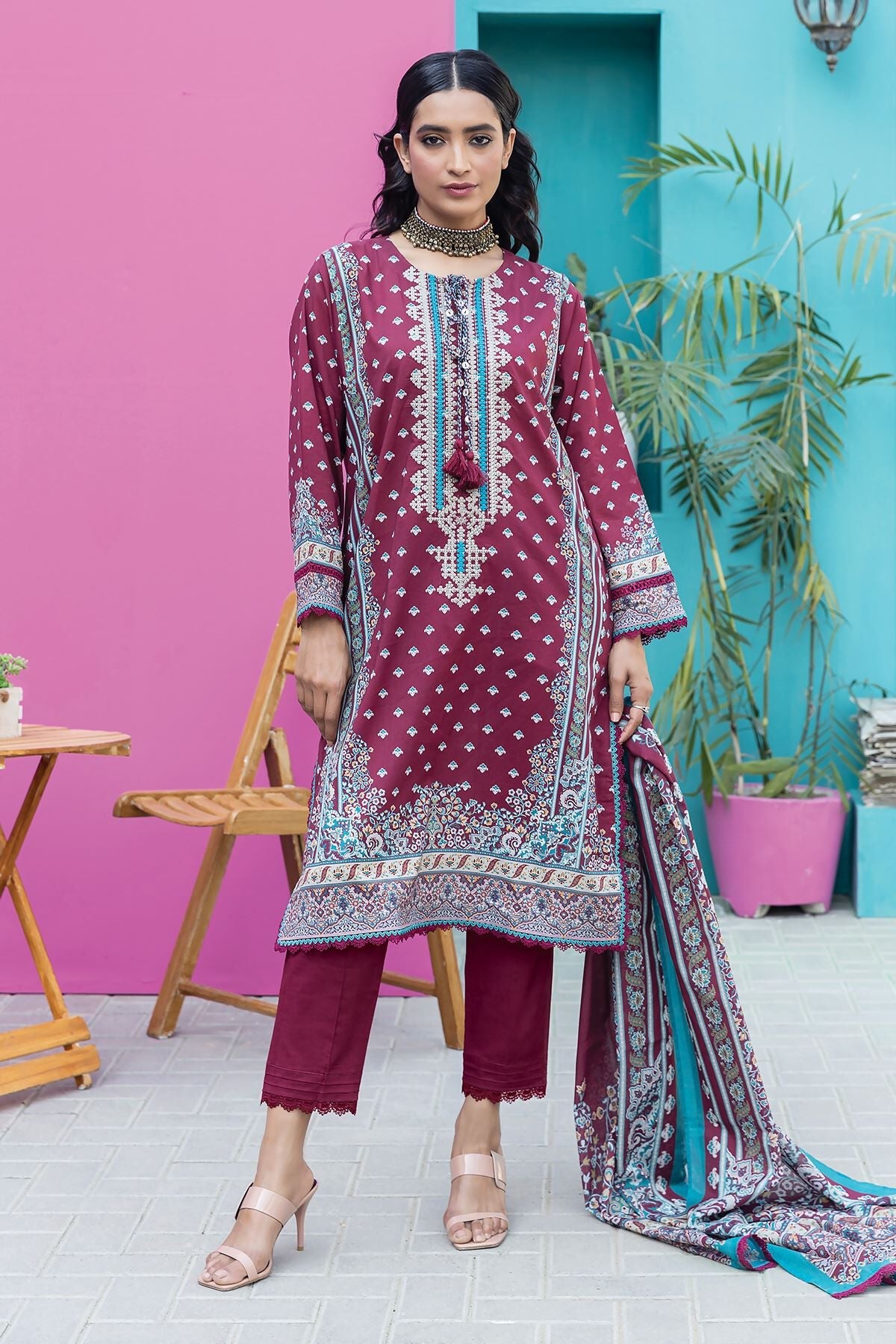 Khaadi 3 Piece Custom Stitched Suit - Purple - LB285635