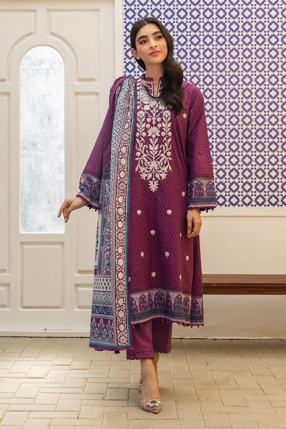 Khaadi 3 Piece Custom Stitched Suit - Purple - LB285568