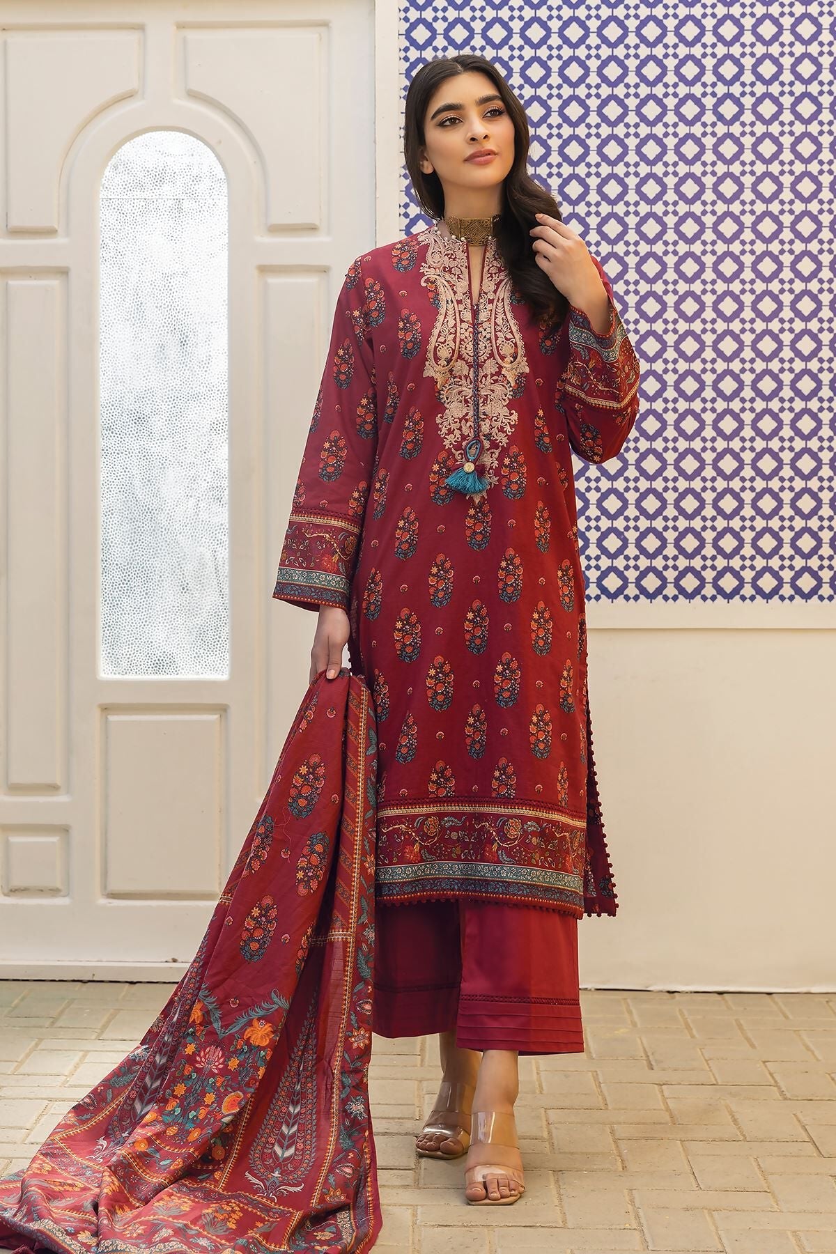 Khaadi 3 Piece Custom Stitched Suit - Maroon - LB285580