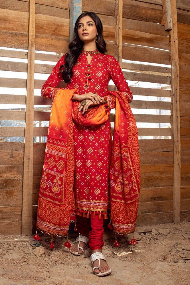 Gul Ahmed 3 Piece Custom Stitched Suit - Red - LB286370