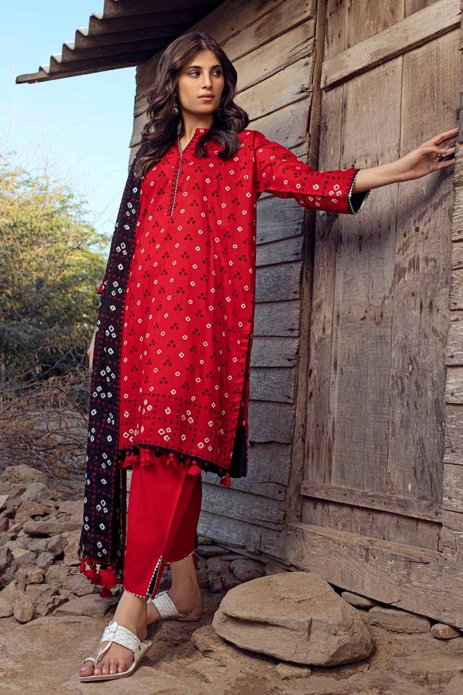 Gul Ahmed 3 Piece Custom Stitched Suit - Red - LB286338