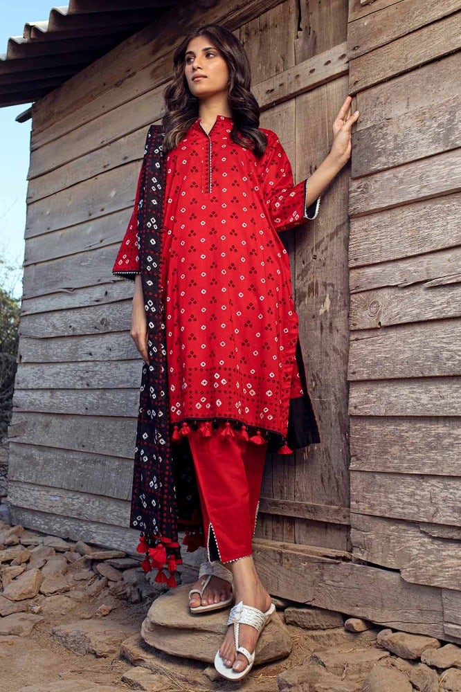 Gul Ahmed 3 Piece Custom Stitched Suit - Red - LB286338