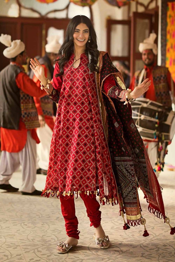 Gul Ahmed 3 Piece Custom Stitched Suit - Red - LB286361