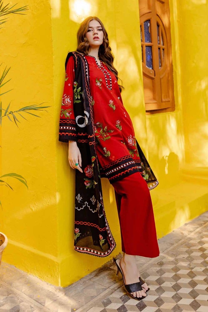 Gul Ahmed 3 Piece Custom Stitched Suit - Red - LB286225