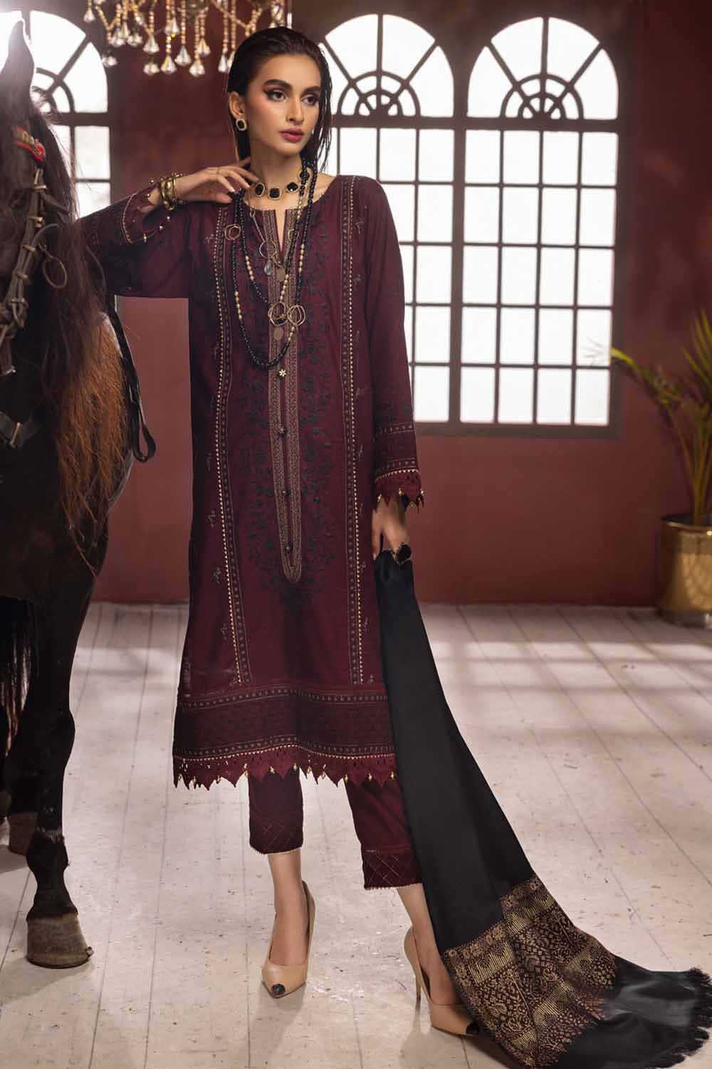 Gul Ahmed 3 Piece Custom Stitched Suit - Maroon - LB284982