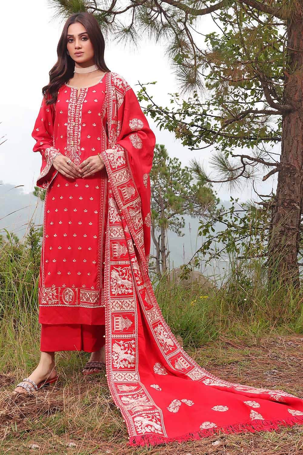 Gul Ahmed 3 Piece Custom Stitched Suit - Red - LB284985