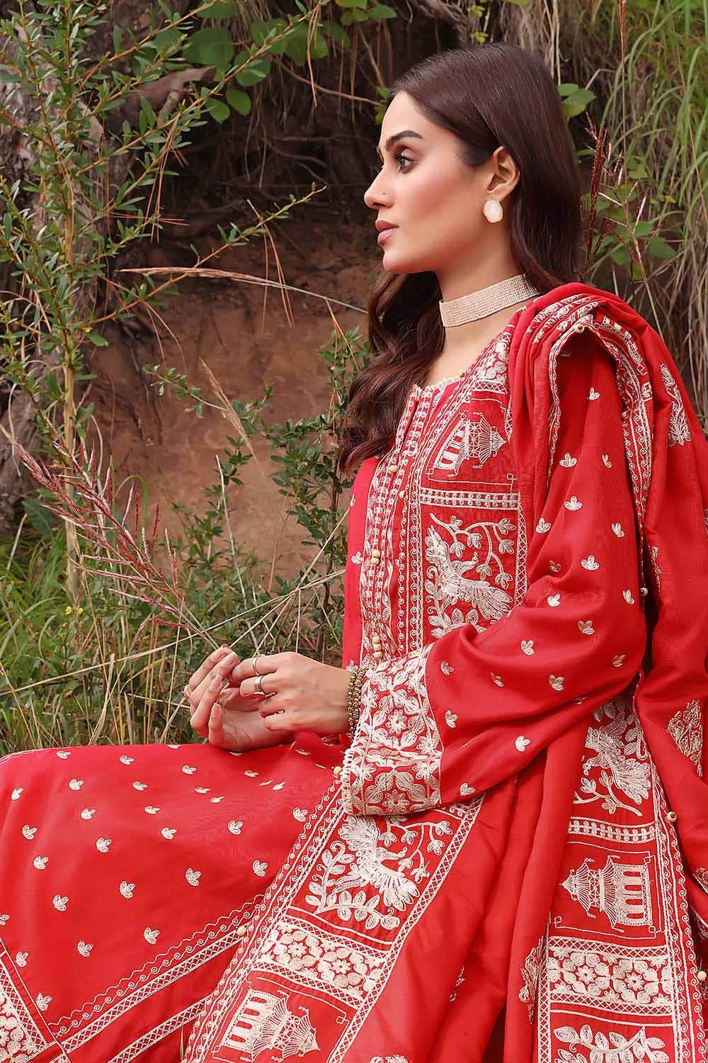 Gul Ahmed 3 Piece Custom Stitched Suit - Red - LB284985