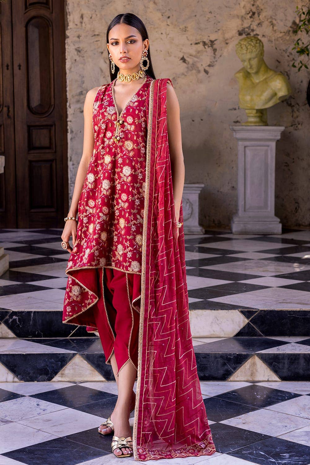 Gul Ahmed 3 Piece Custom Stitched Suit - Red - LB289136