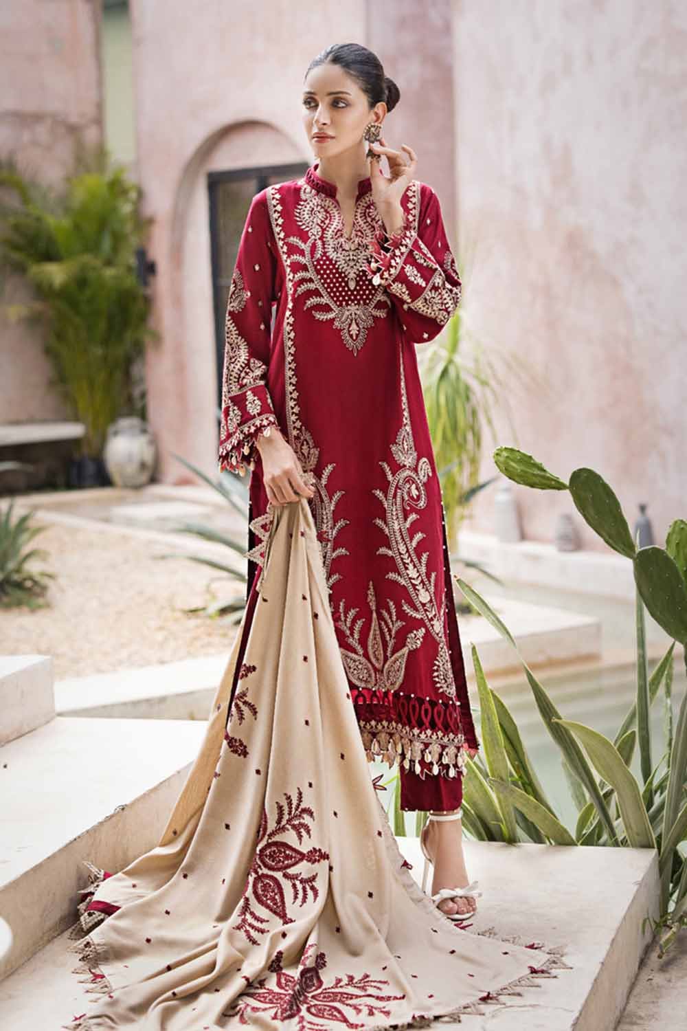 Gul Ahmed 3 Piece Custom Stitched Suit - Maroon - LB284994