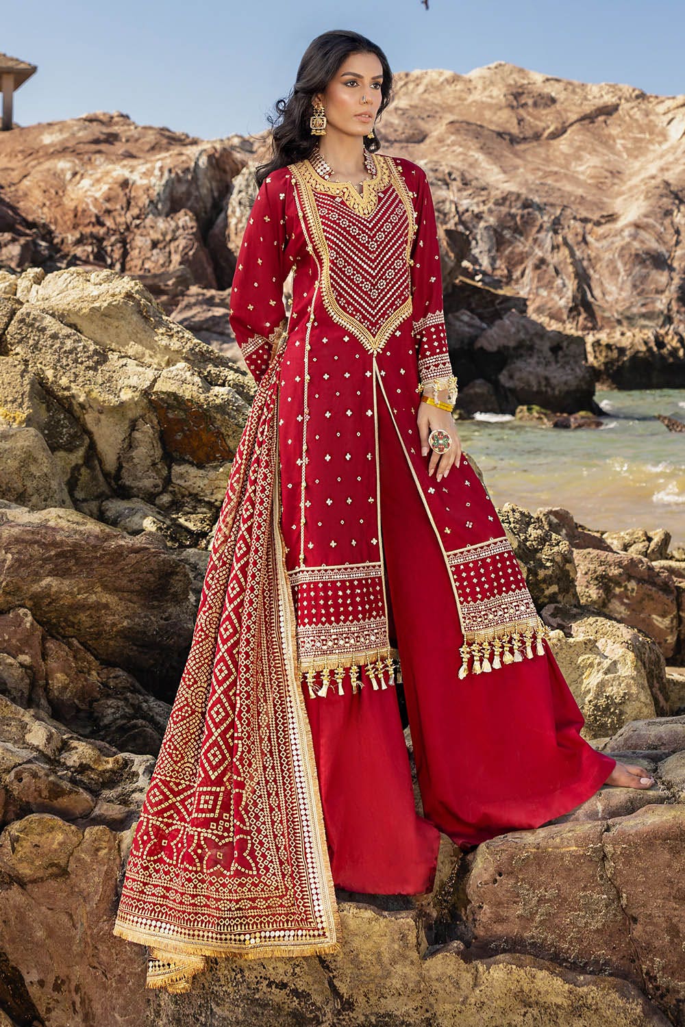 Gul Ahmed 3 Piece Custom Stitched Suit - Red - LB29206