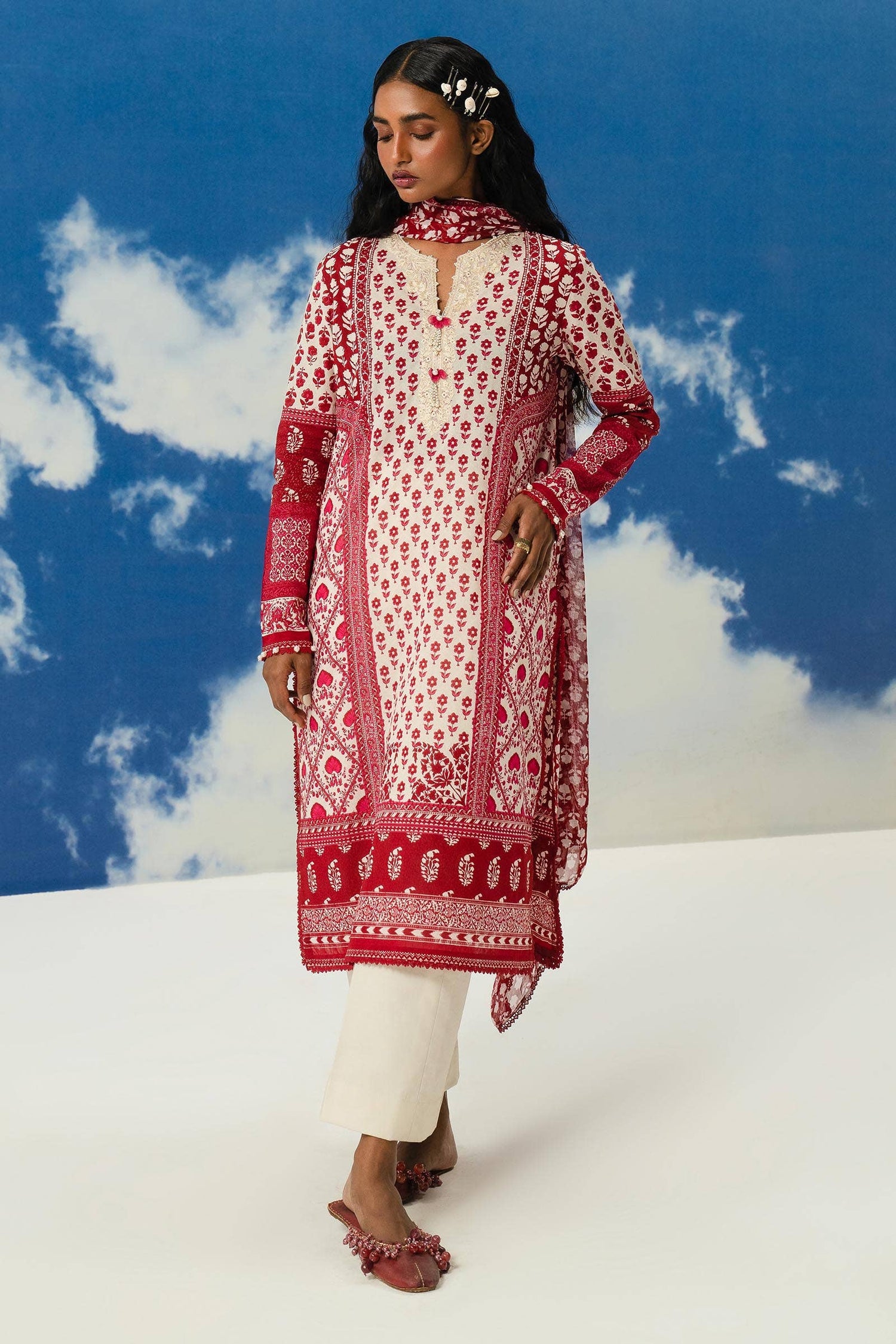 Sana Safinaz 2 Piece Custom Stitched Suit - Red - LB286846