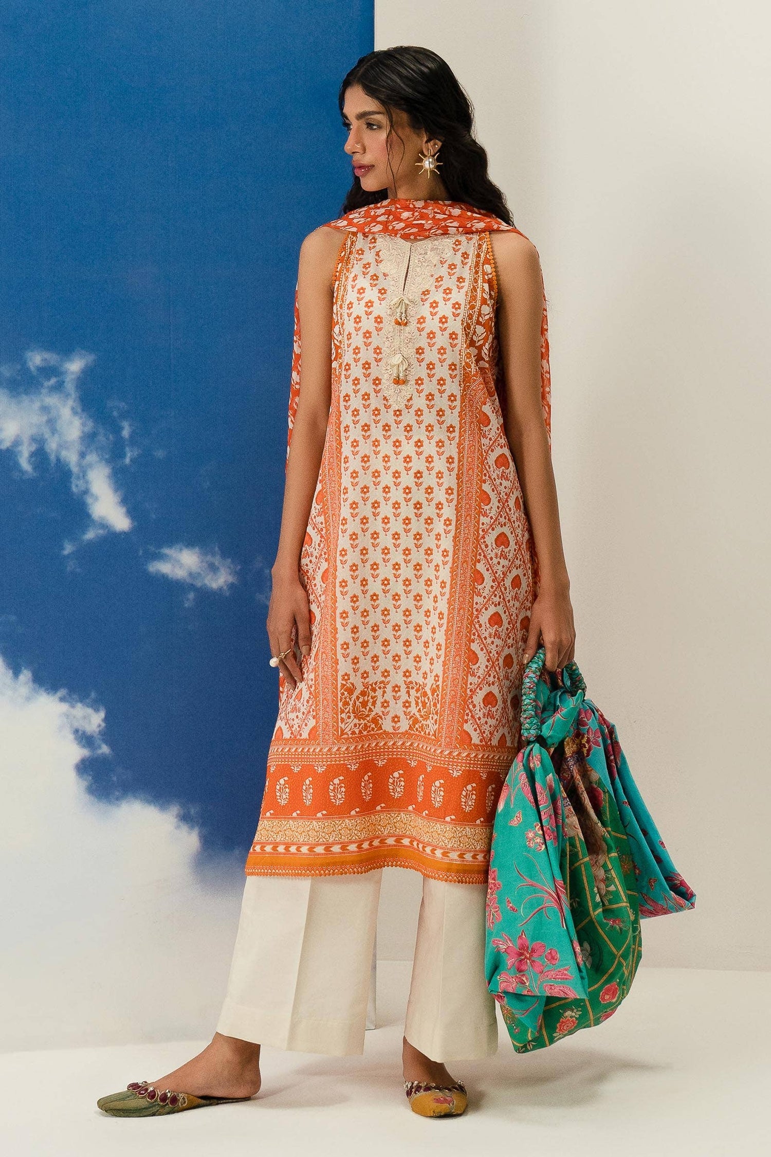 Sana Safinaz 2 Piece Custom Stitched Suit - Orange - LB286847