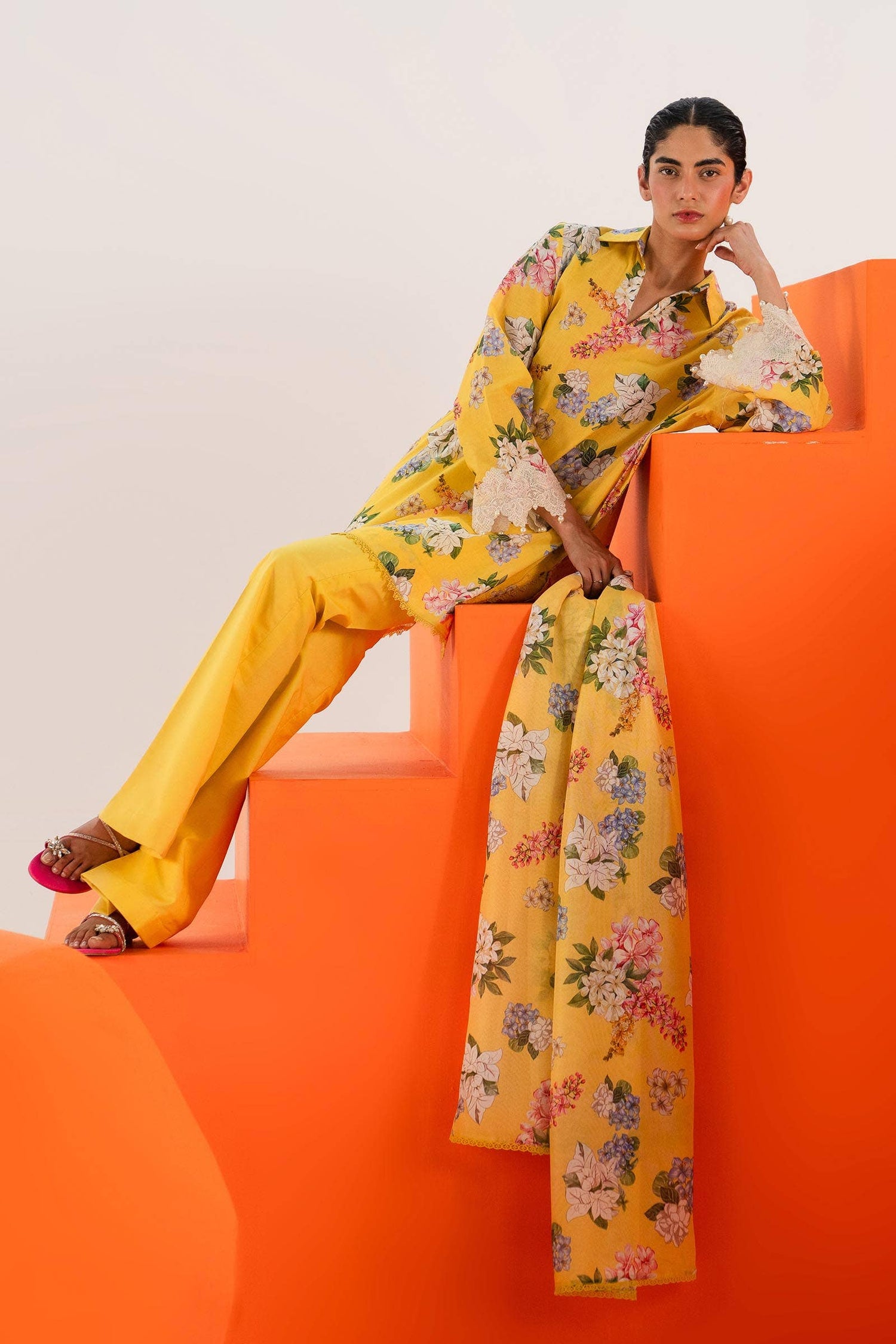 Sana Safinaz 3 Piece Custom Stitched Suit - Yellow - LB286857