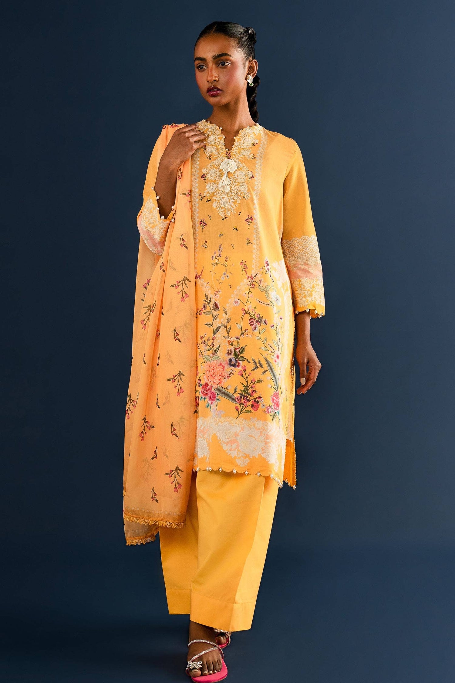 Sana Safinaz 3 Piece Custom Stitched Suit - Yellow - LB286868